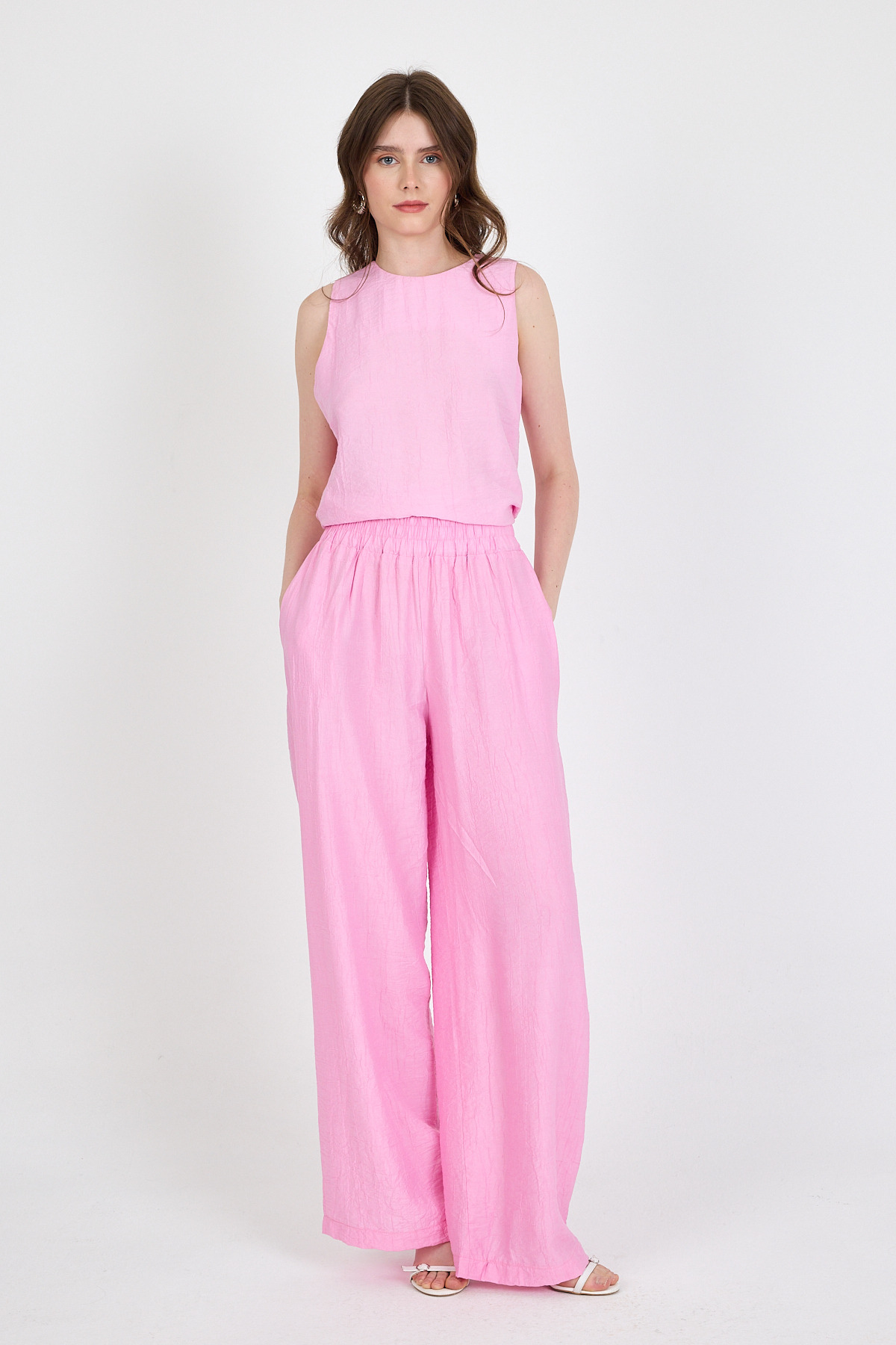 Şeker Pembe Asimetrik Kesim Bluz Pantolon İkili Takım 5219 