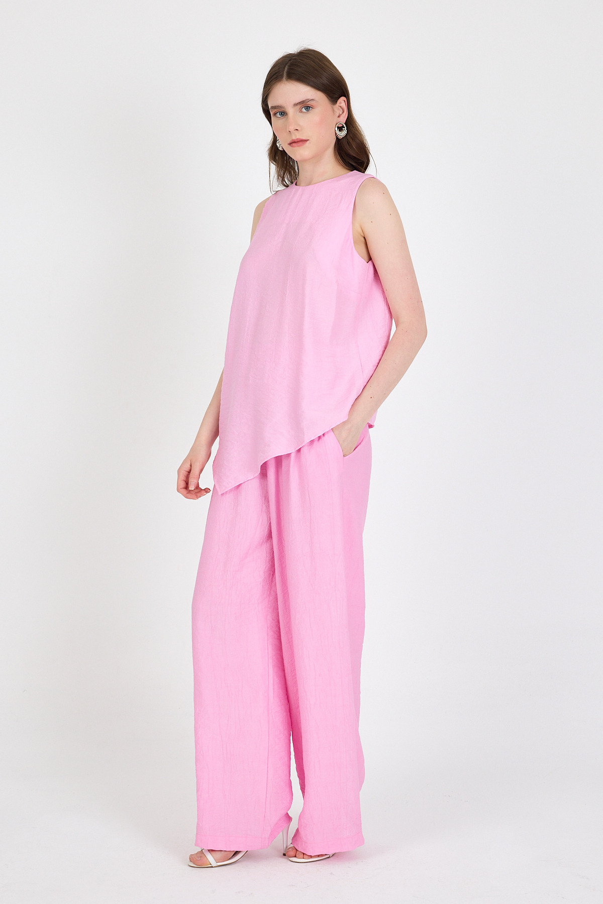 Şeker Pembe Asimetrik Kesim Bluz Pantolon İkili Takım 5219 - RAYS