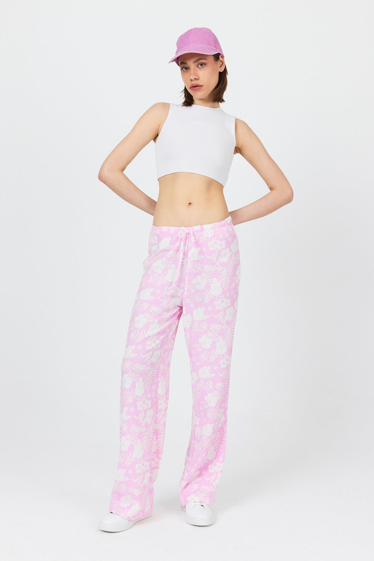 Şeker Pembe Bel Lastikli Desenli Pantolon 4725A 