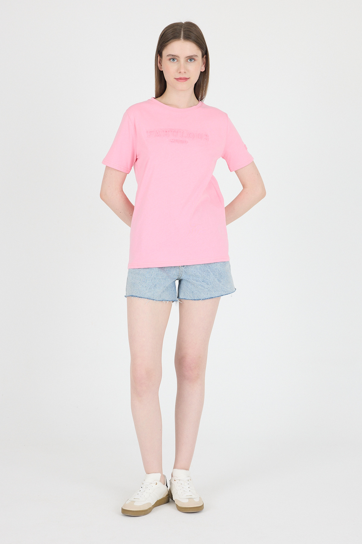 Şeker Pembe Kabartma Yazılı Relaxed Fit Tişört 25209 - 1