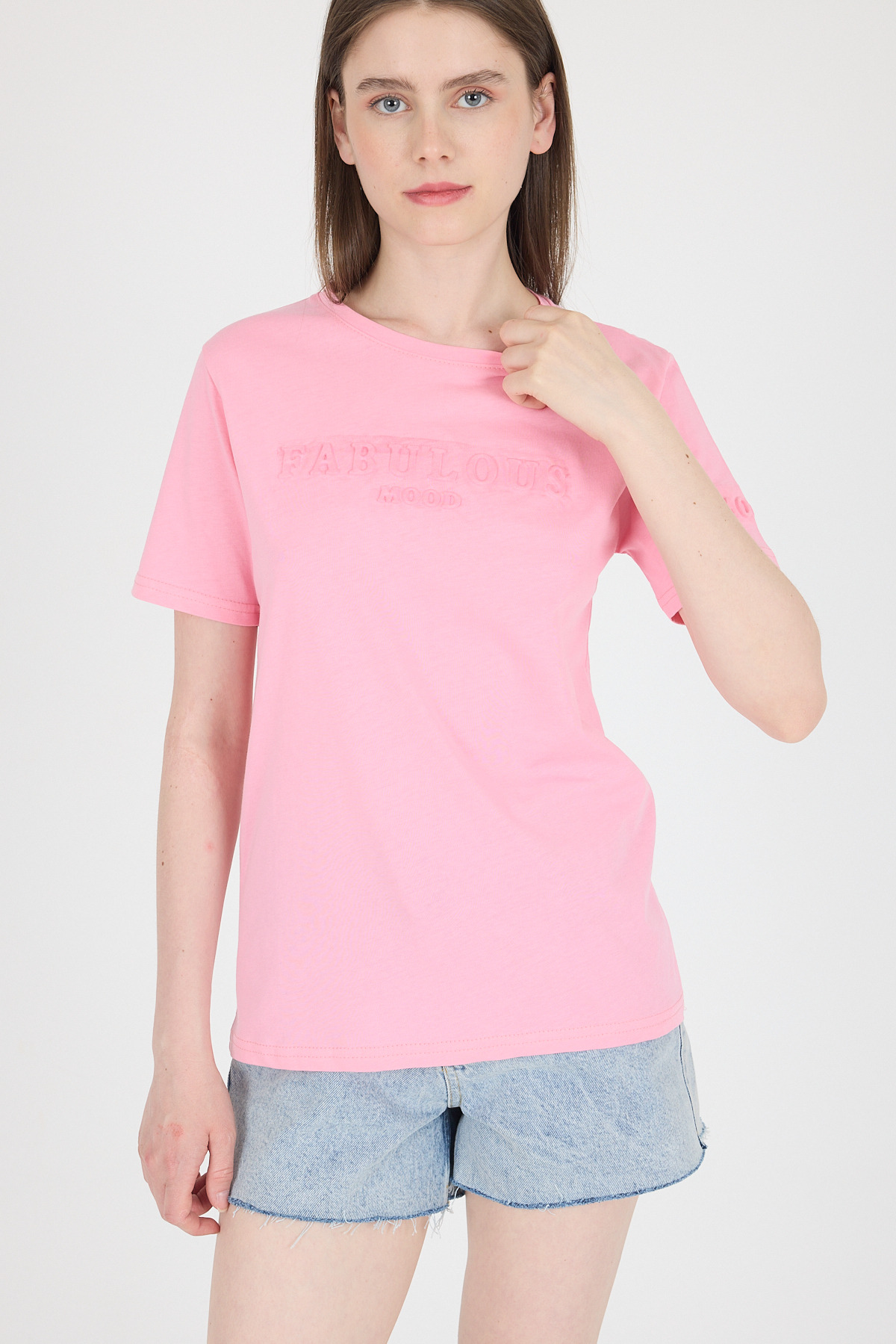 Şeker Pembe Kabartma Yazılı Relaxed Fit Tişört 25209 - RAYS