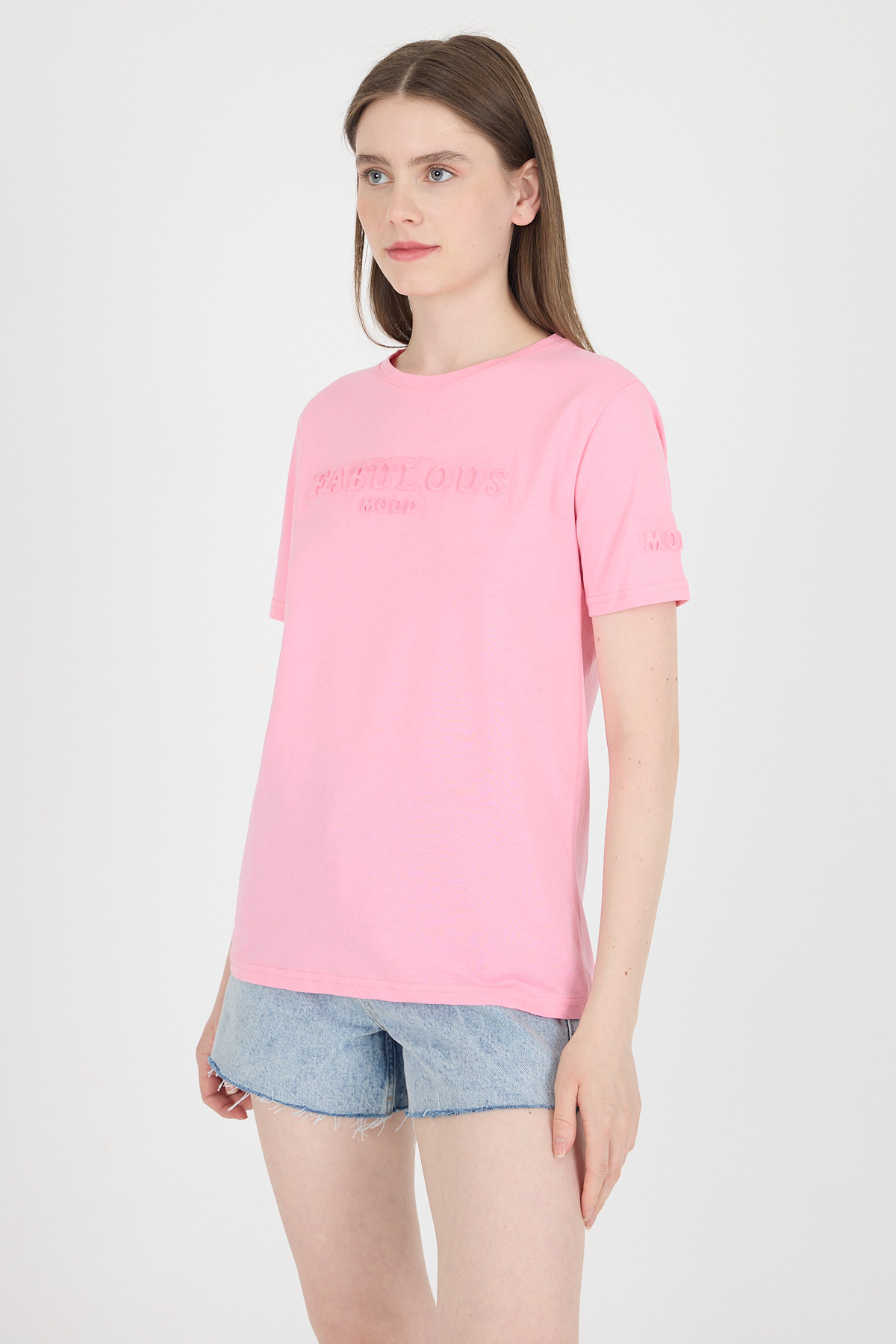 Şeker Pembe Kabartma Yazılı Relaxed Fit Tişört 25209 - 6