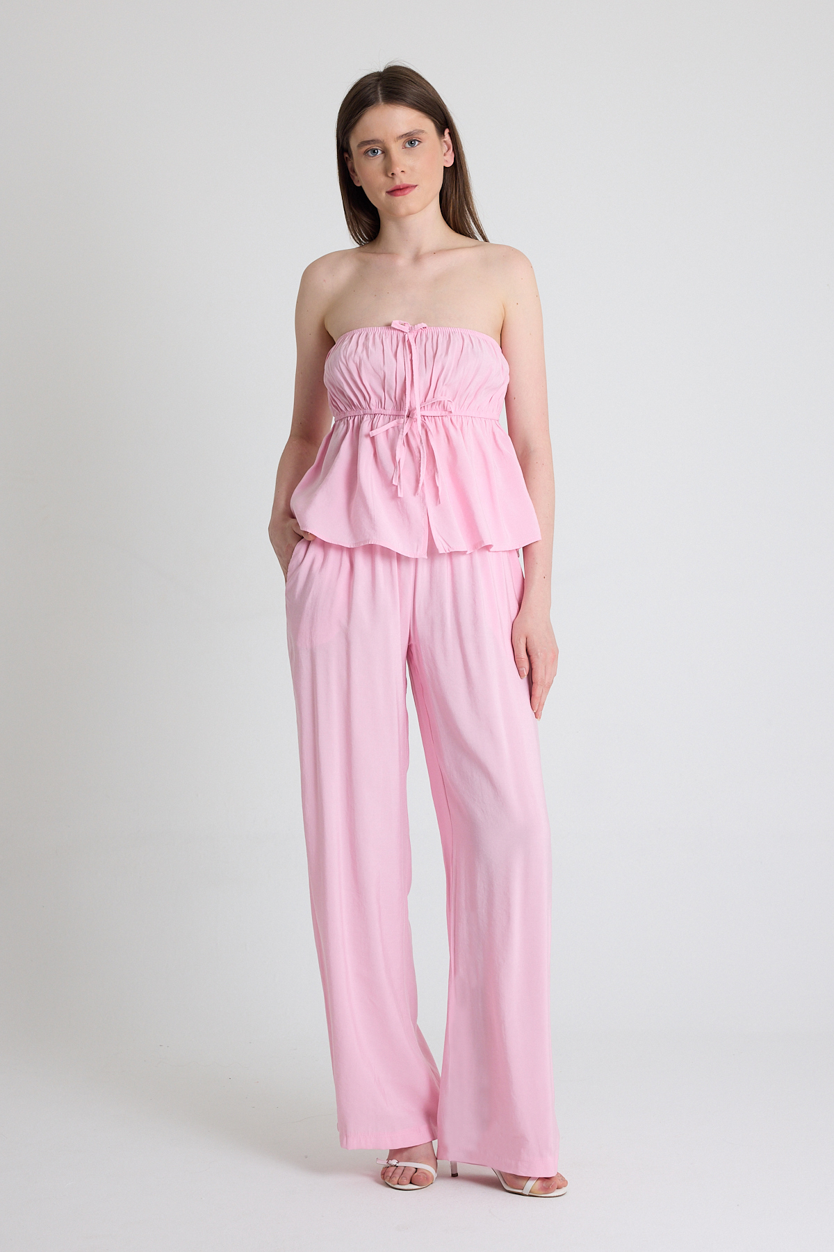 Şeker Pembe Mavi Straplez Bluz ve Geniş Paça Pantolon İkili Takım 5236 - 1