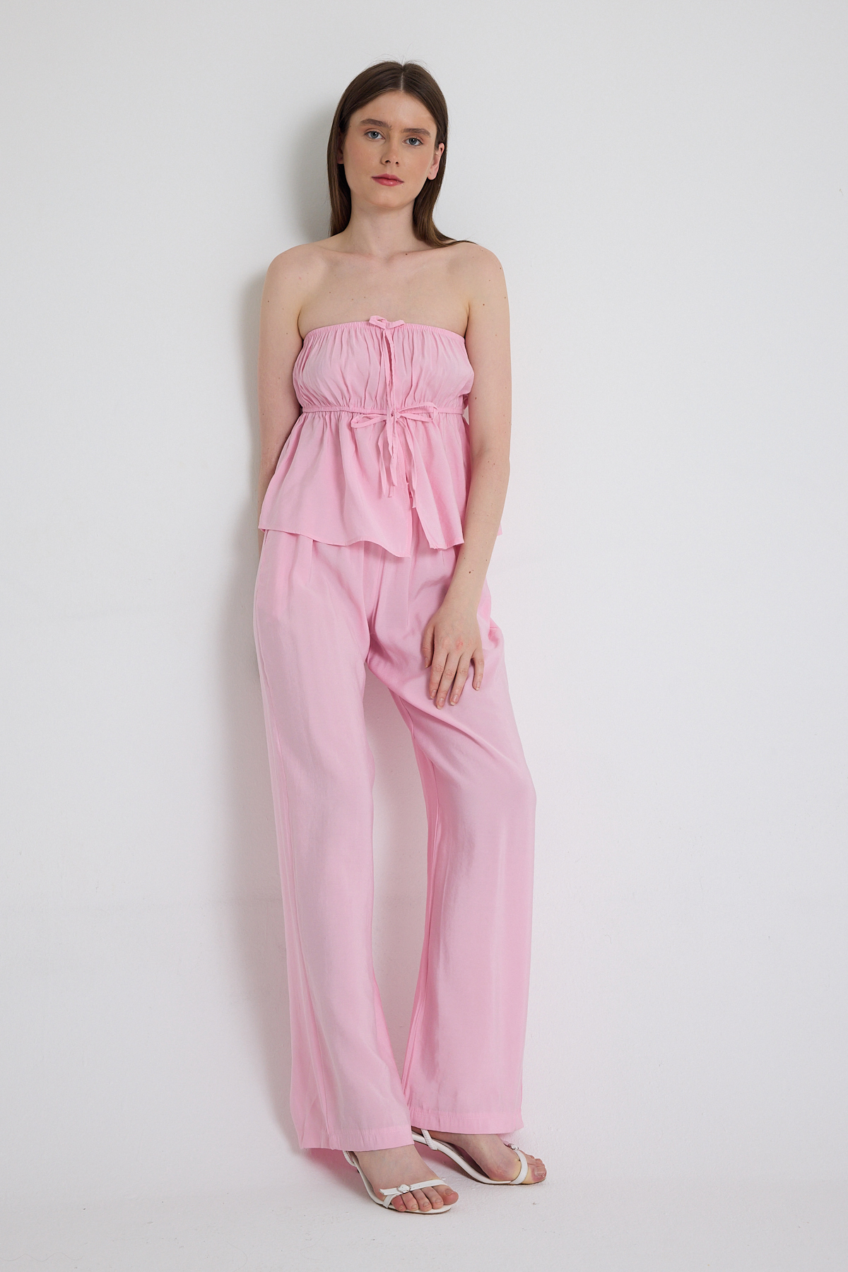 Şeker Pembe Mavi Straplez Bluz ve Geniş Paça Pantolon İkili Takım 5236 - 6