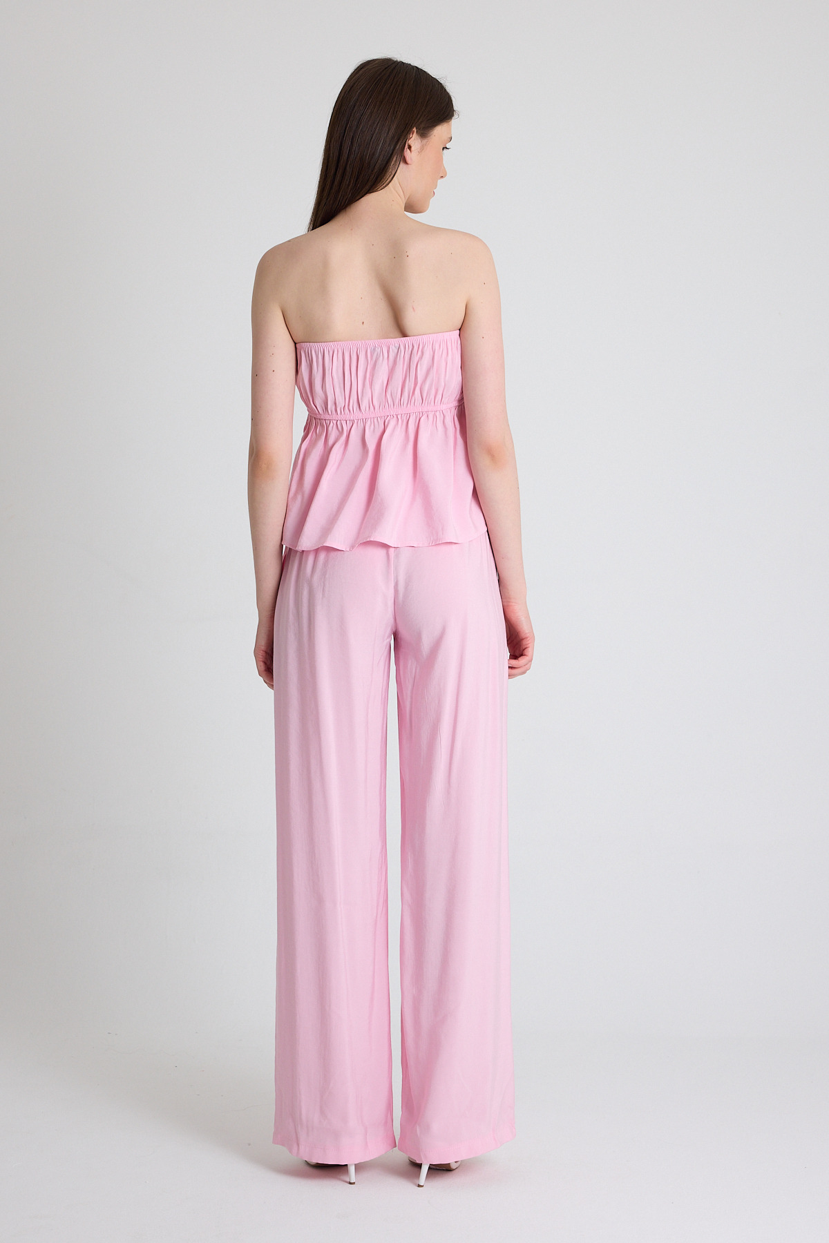 Şeker Pembe Mavi Straplez Bluz ve Geniş Paça Pantolon İkili Takım 5236 - 5