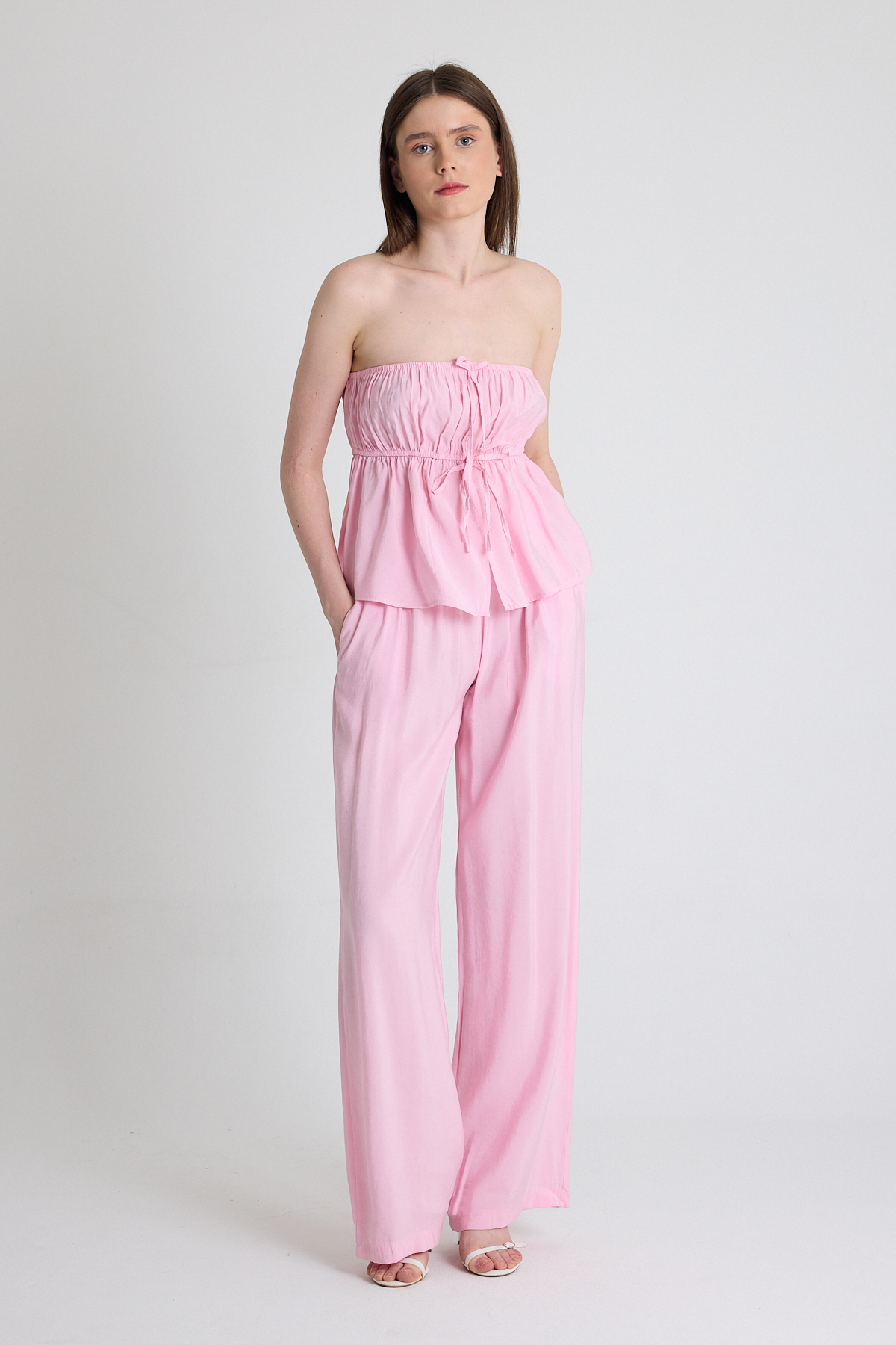 Şeker Pembe Mavi Straplez Bluz ve Geniş Paça Pantolon İkili Takım 5236 - RAYS