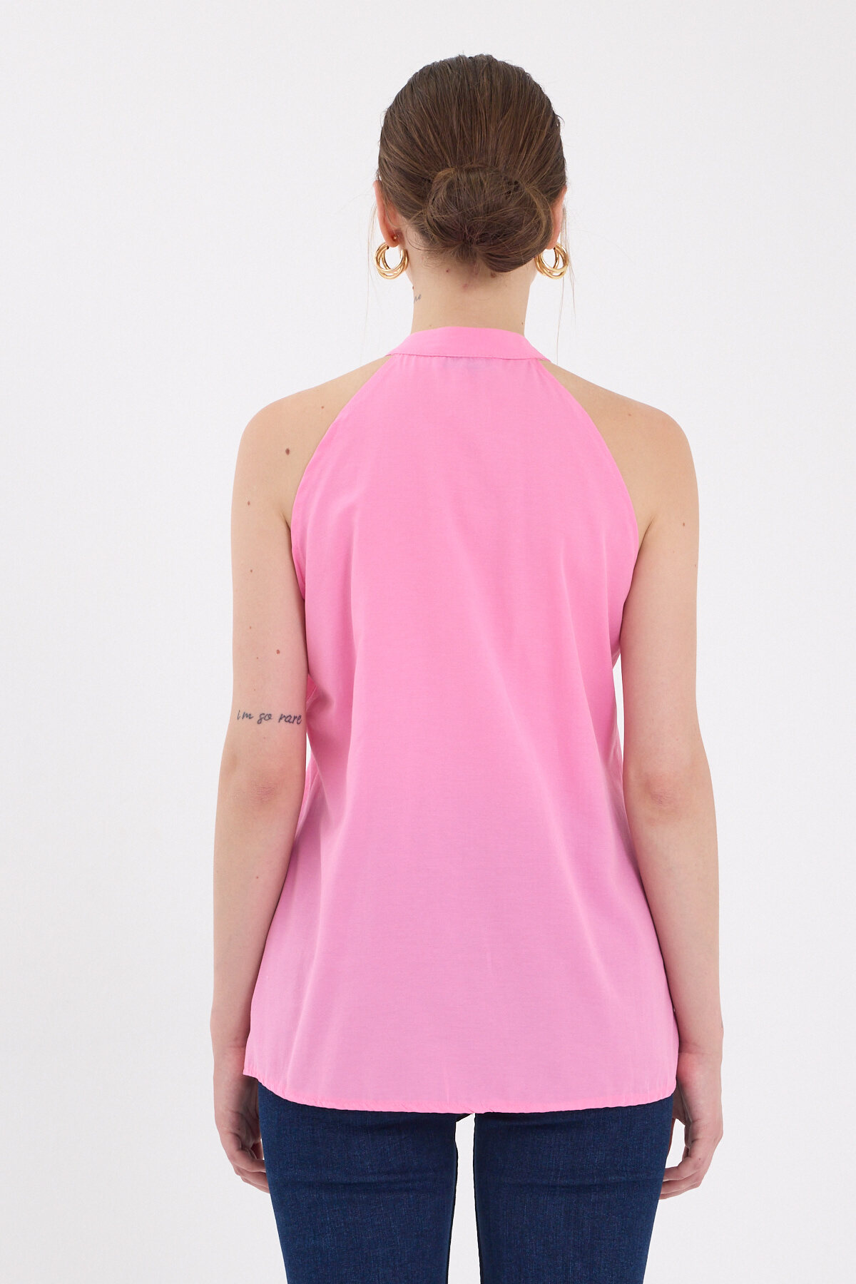 Şeker Pembe Ön Bağlama Detaylı Halter Yaka Bluz 8094A - 5