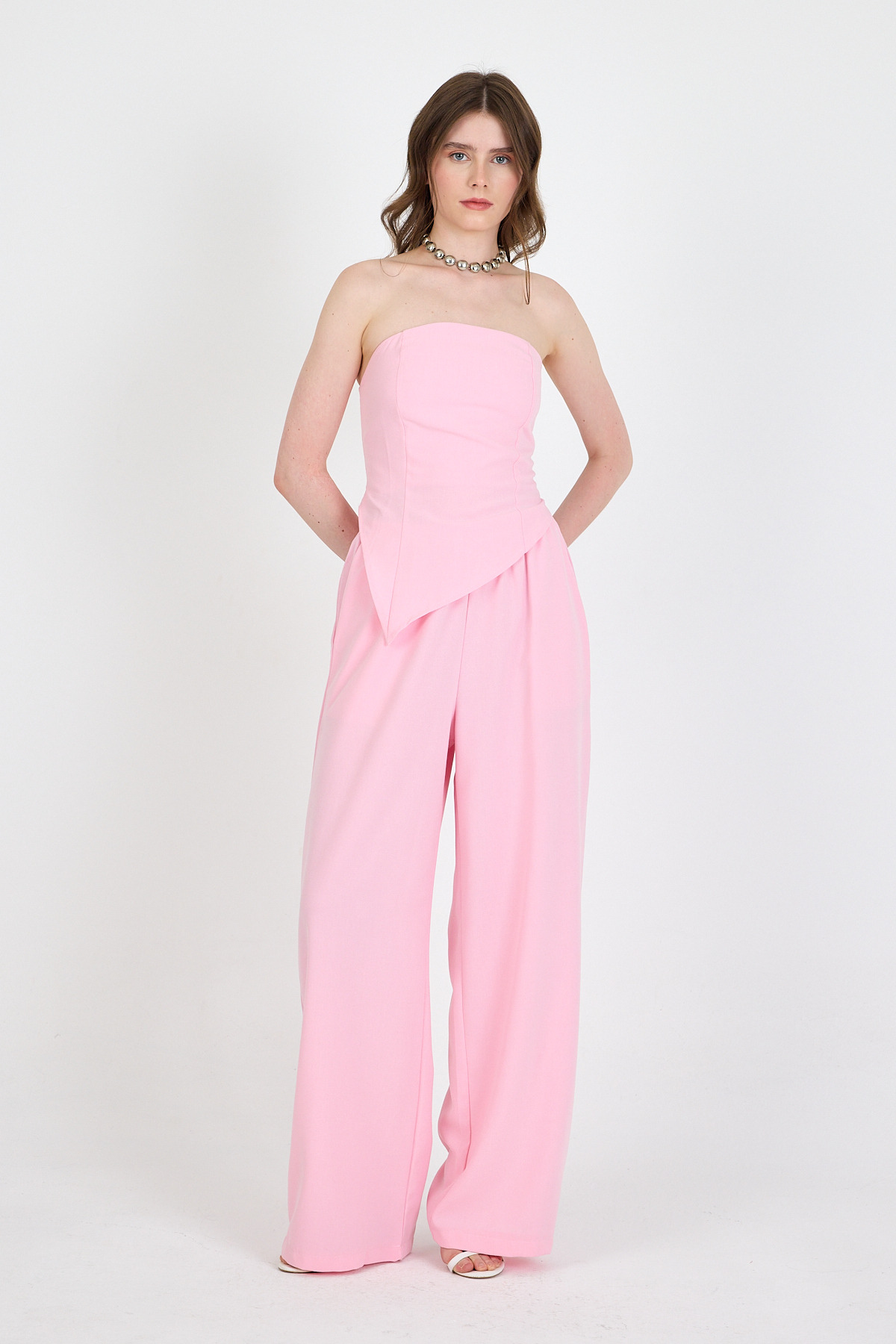 Şeker Pembe Straplez Asimetrik Bluz Pantolon Takım 5234 - 4