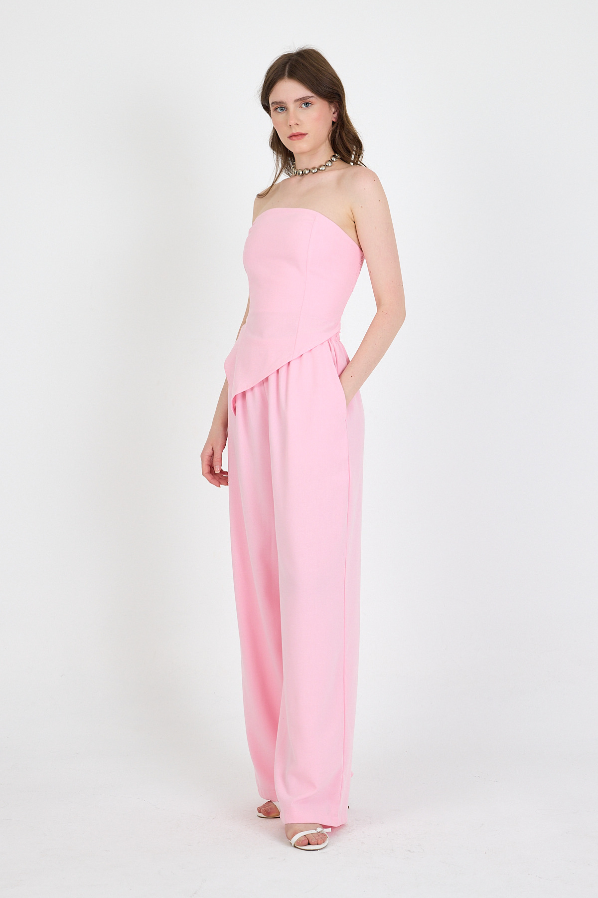 Şeker Pembe Straplez Asimetrik Bluz Pantolon Takım 5234 - 6