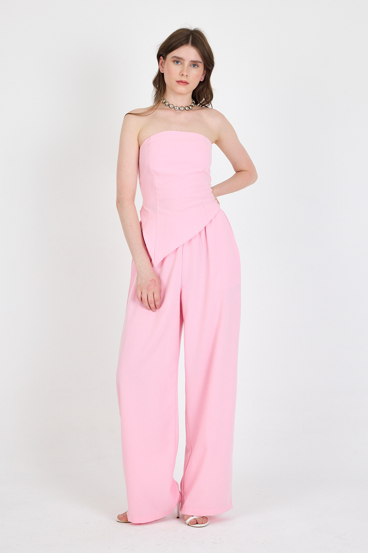 Şeker Pembe Straplez Asimetrik Bluz Pantolon Takım 5234 - 7