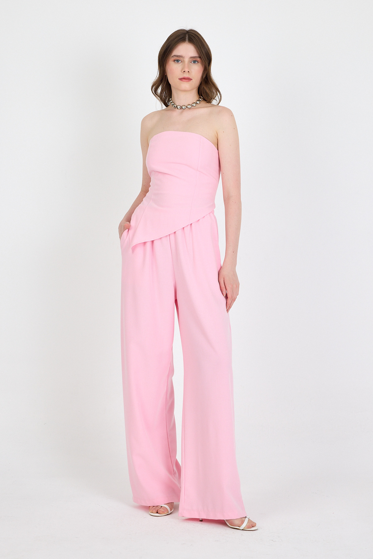 Şeker Pembe Straplez Asimetrik Bluz Pantolon Takım 5234 - 1