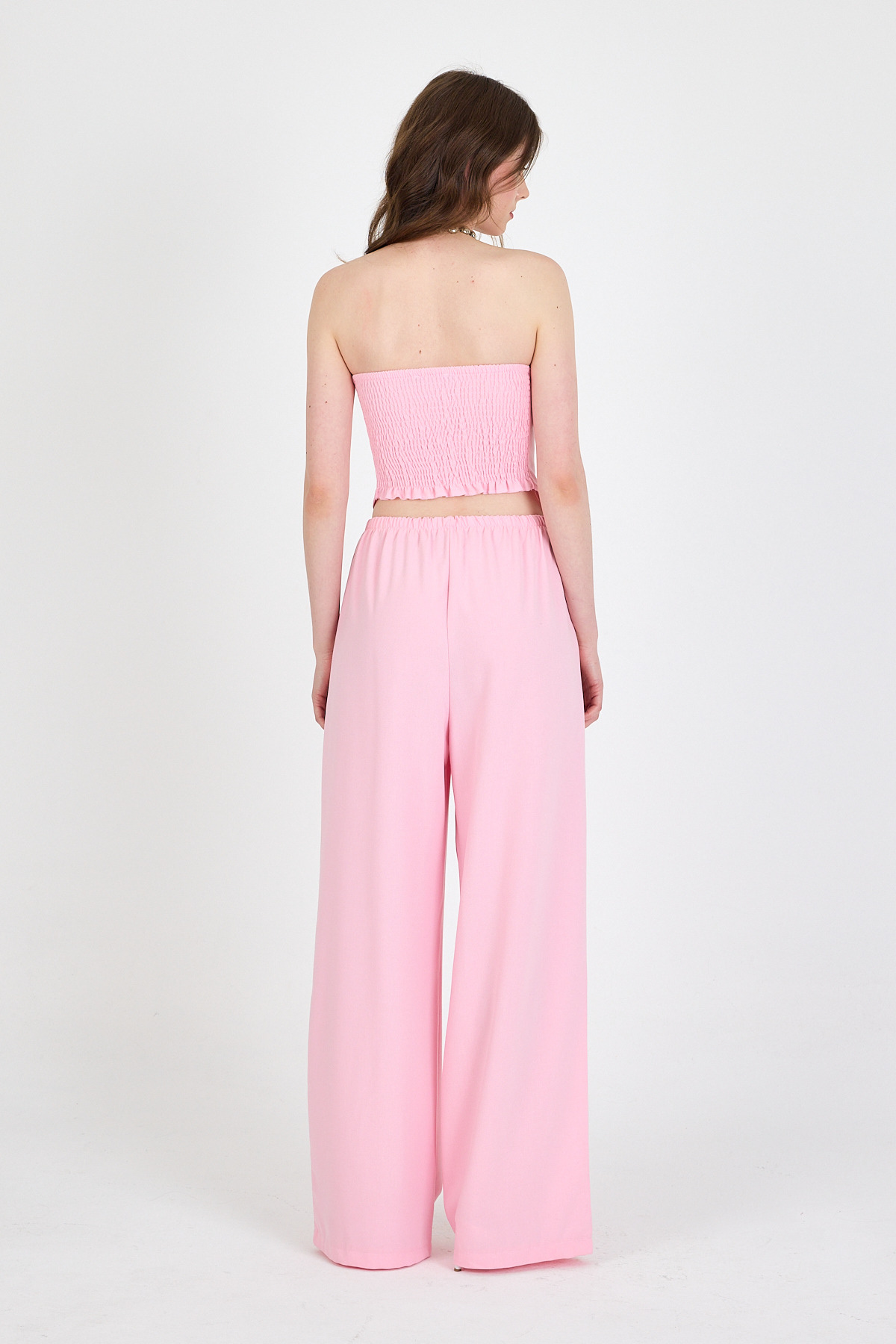 Şeker Pembe Straplez Asimetrik Bluz Pantolon Takım 5234 - 5