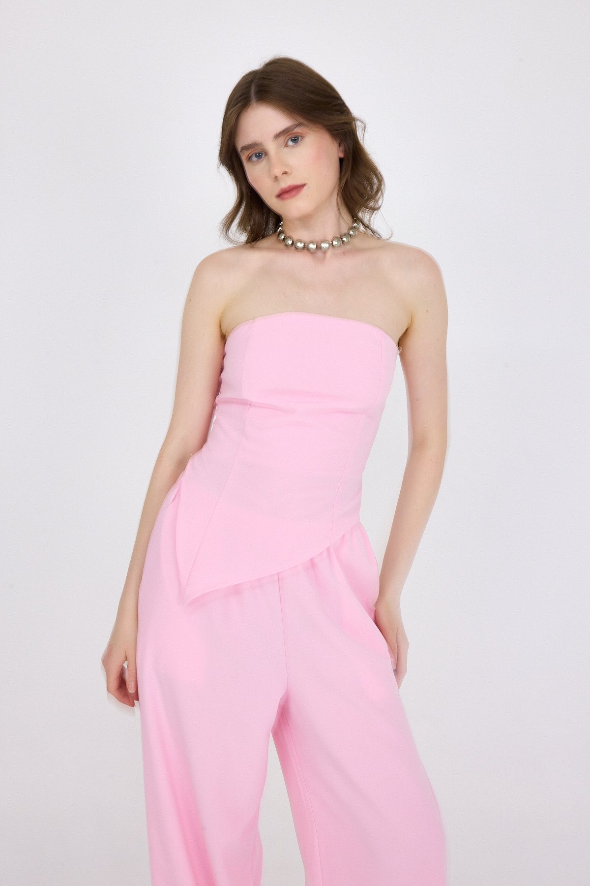 Şeker Pembe Straplez Asimetrik Bluz Pantolon Takım 5234 - RAYS