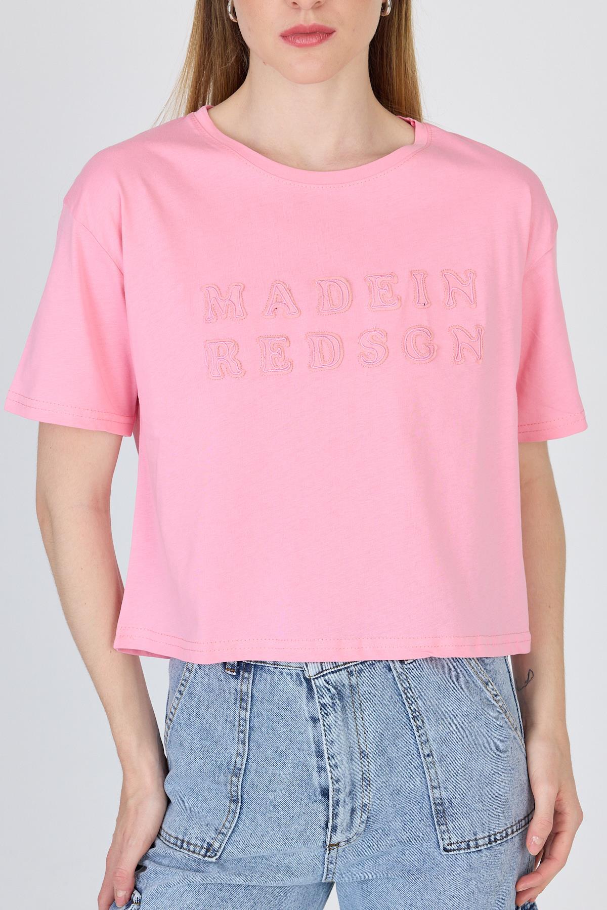 Şeker Pembe Yazı Nakışlı Crop Tişört 25259 - 4