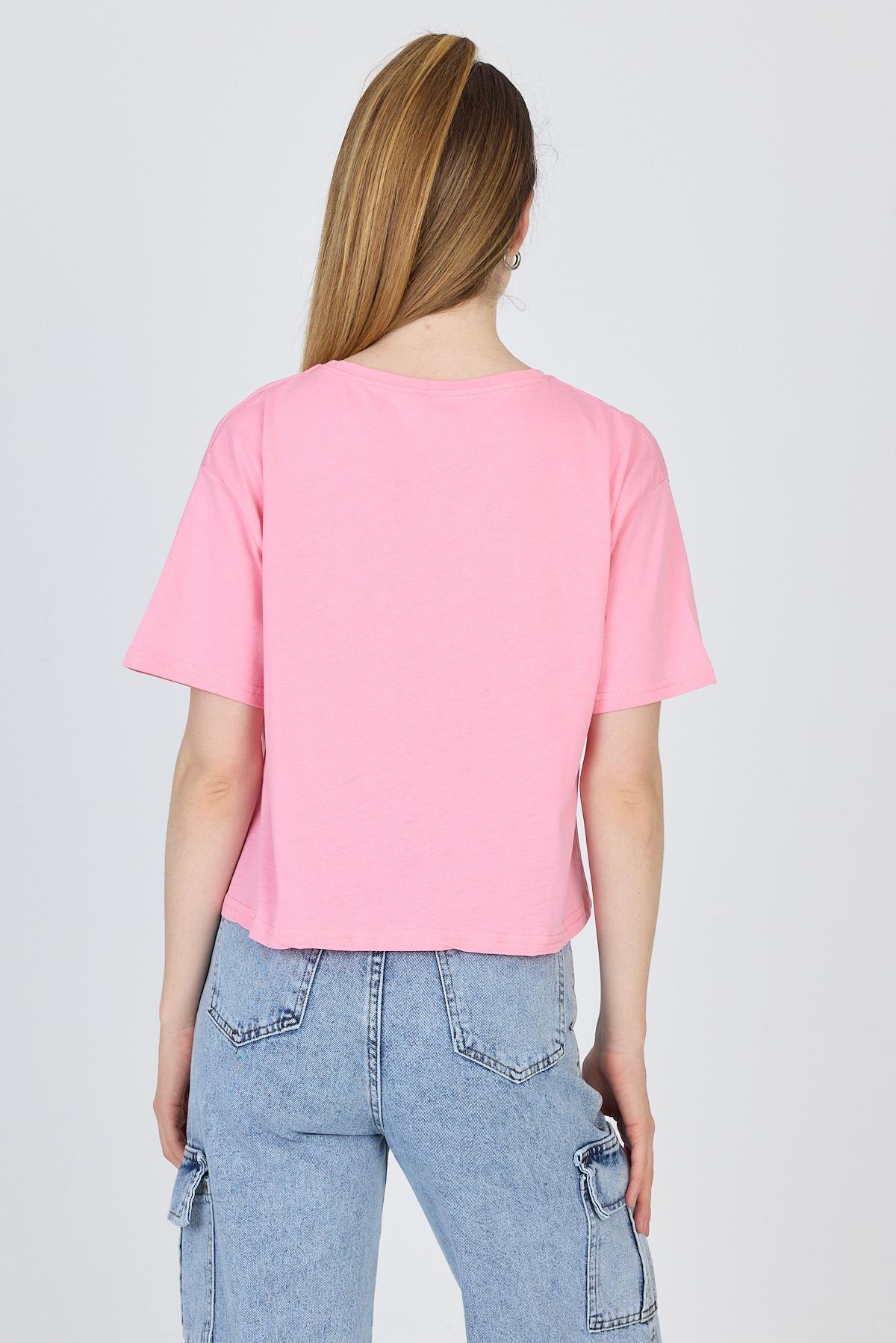 Şeker Pembe Yazı Nakışlı Crop Tişört 25259 - 5