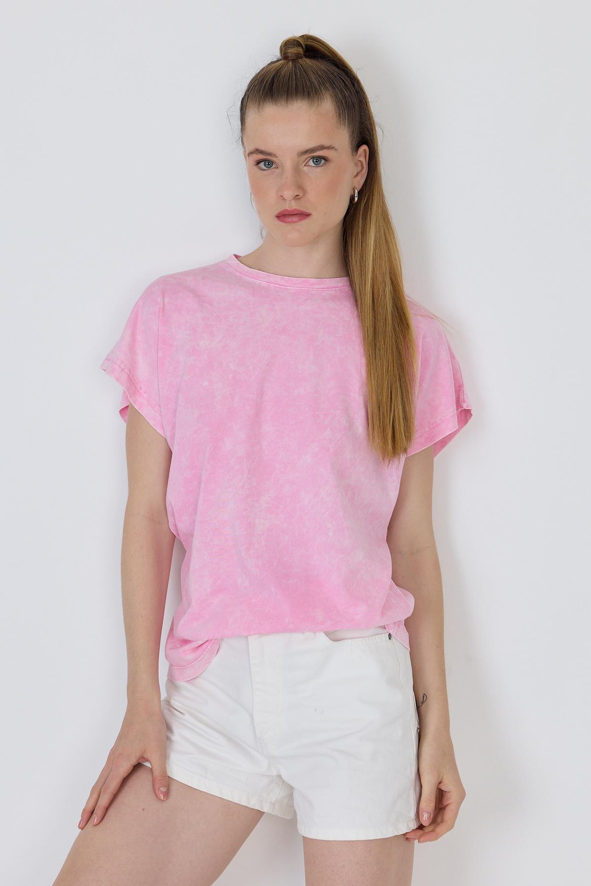 Şeker Pembe Yıkamalı Oversize Basic Tişört 253014 - RAYS