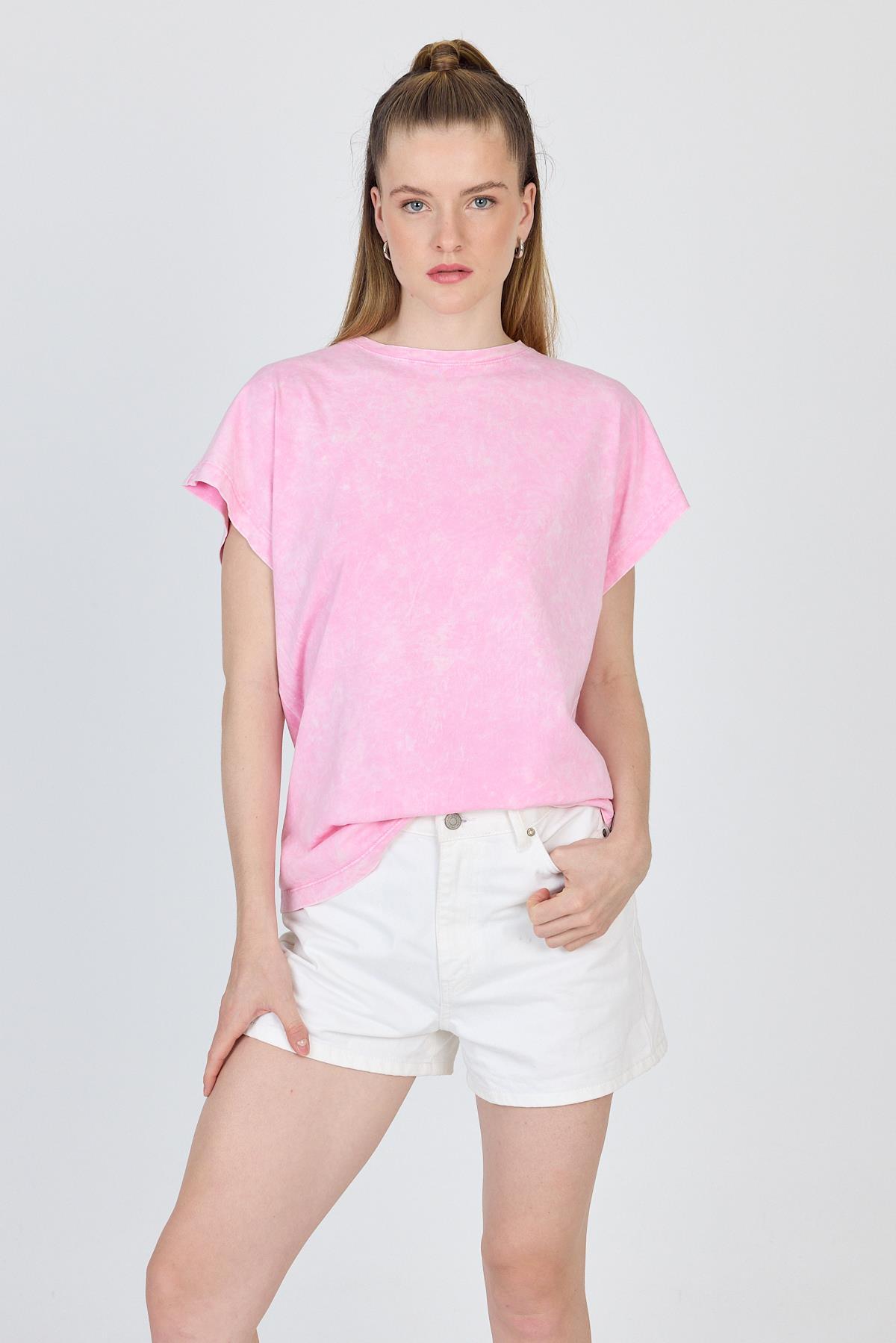 Şeker Pembe Yıkamalı Oversize Basic Tişört 253014 