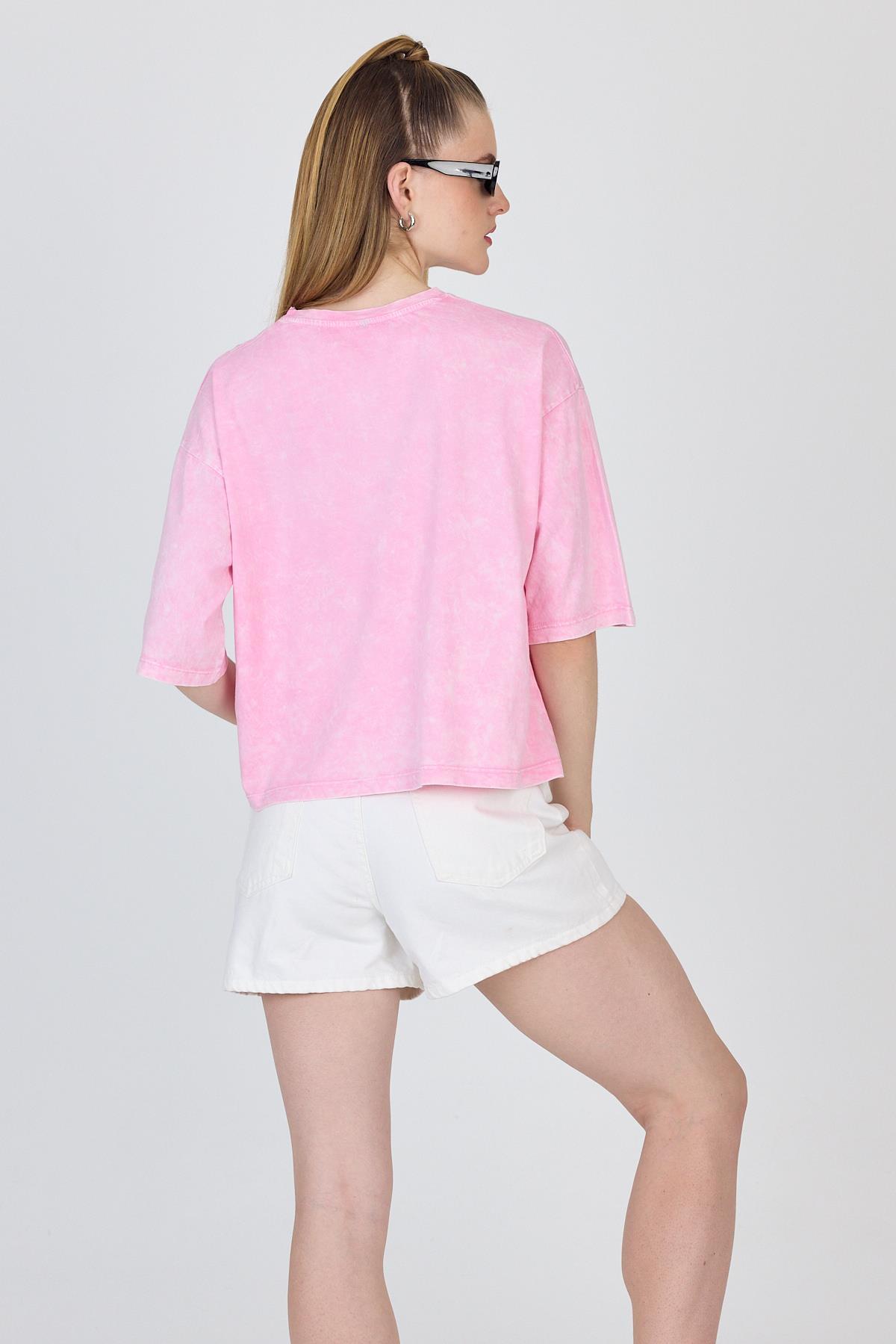 Şeker Pembe Yıkamalı Yazı Baskılı Tişört 253020 - 5