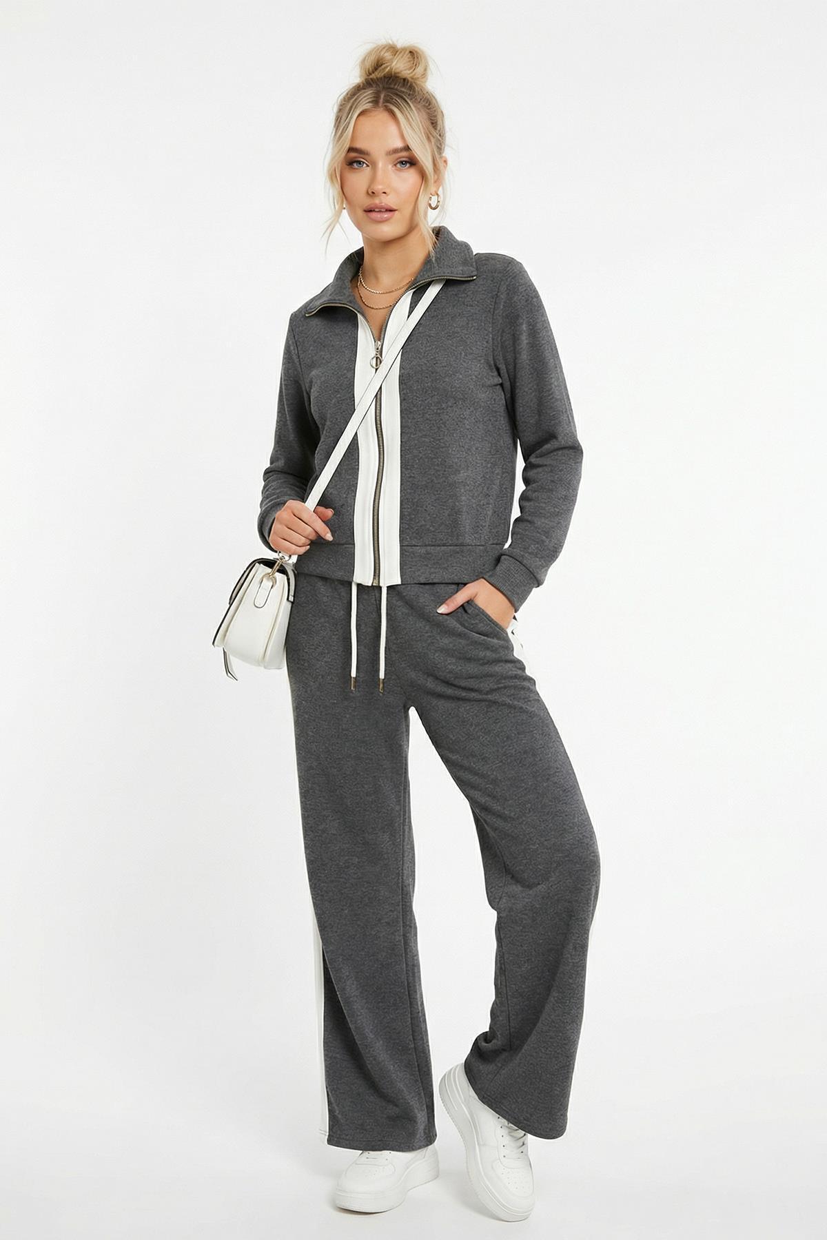  Şeritli Hırka Pantolon Takım Antrasit 3085A 