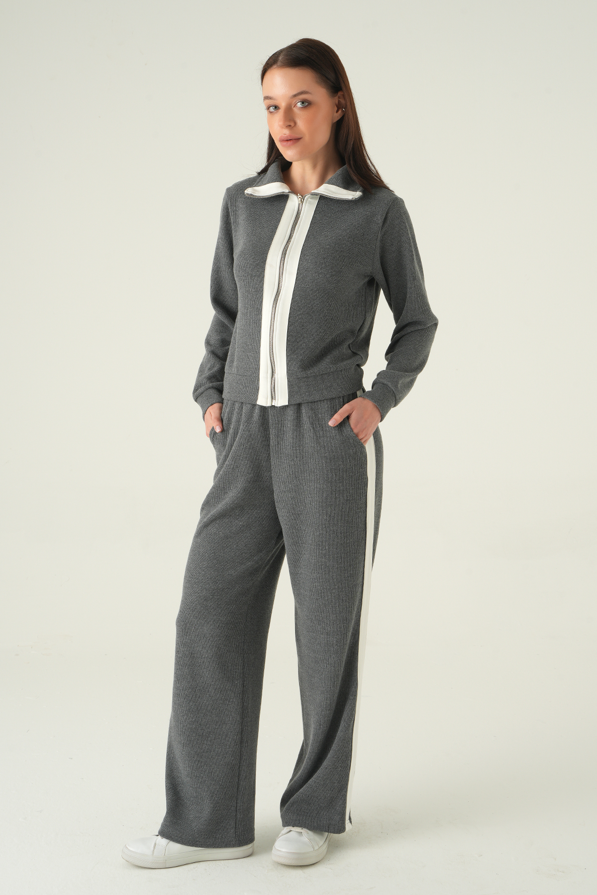 Şeritli Hırka Pantolon Takım Antrasit 3085A - 3