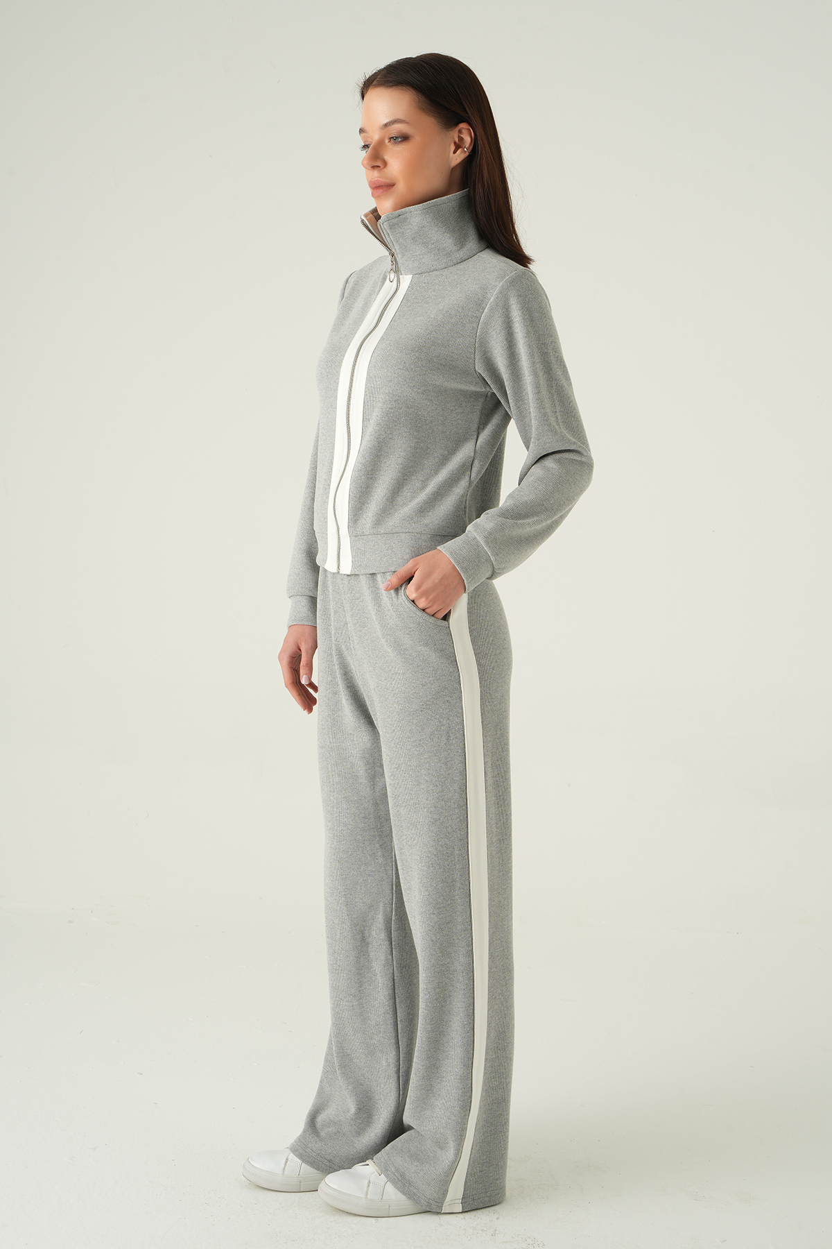  Şeritli Hırka Pantolon Takım Gri 3085A - RAYS