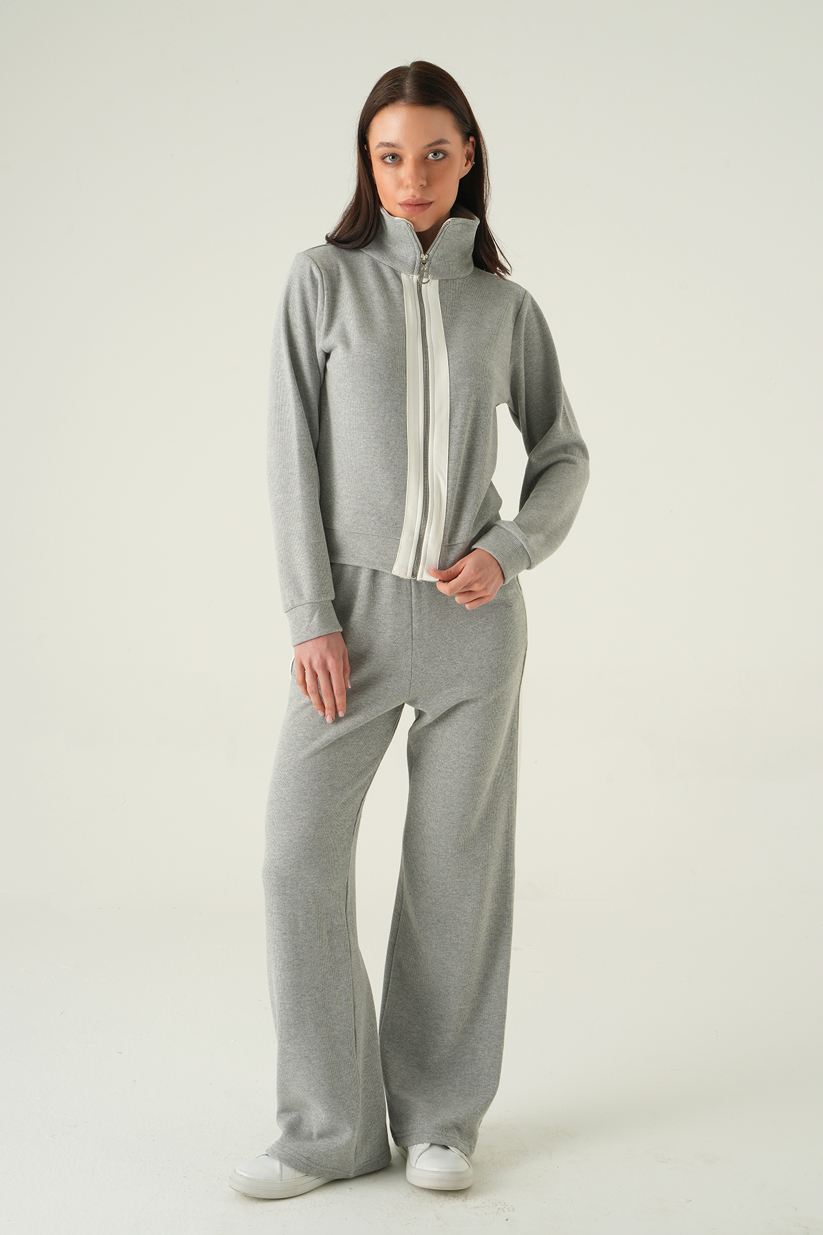  Şeritli Hırka Pantolon Takım Gri 3085A - RAYS