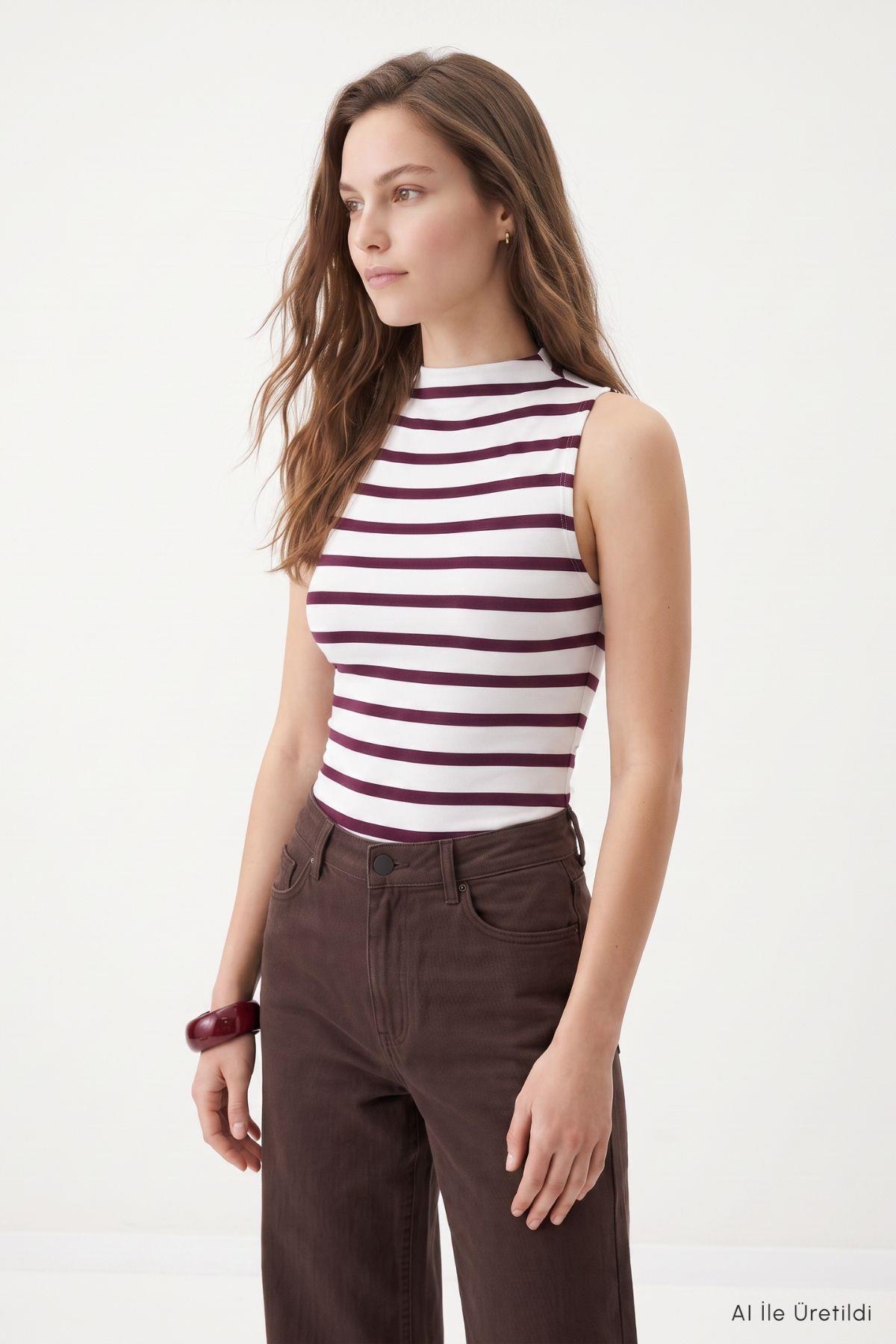 Sıfır Kol Dik Yaka Body 8697A Bordo - 3
