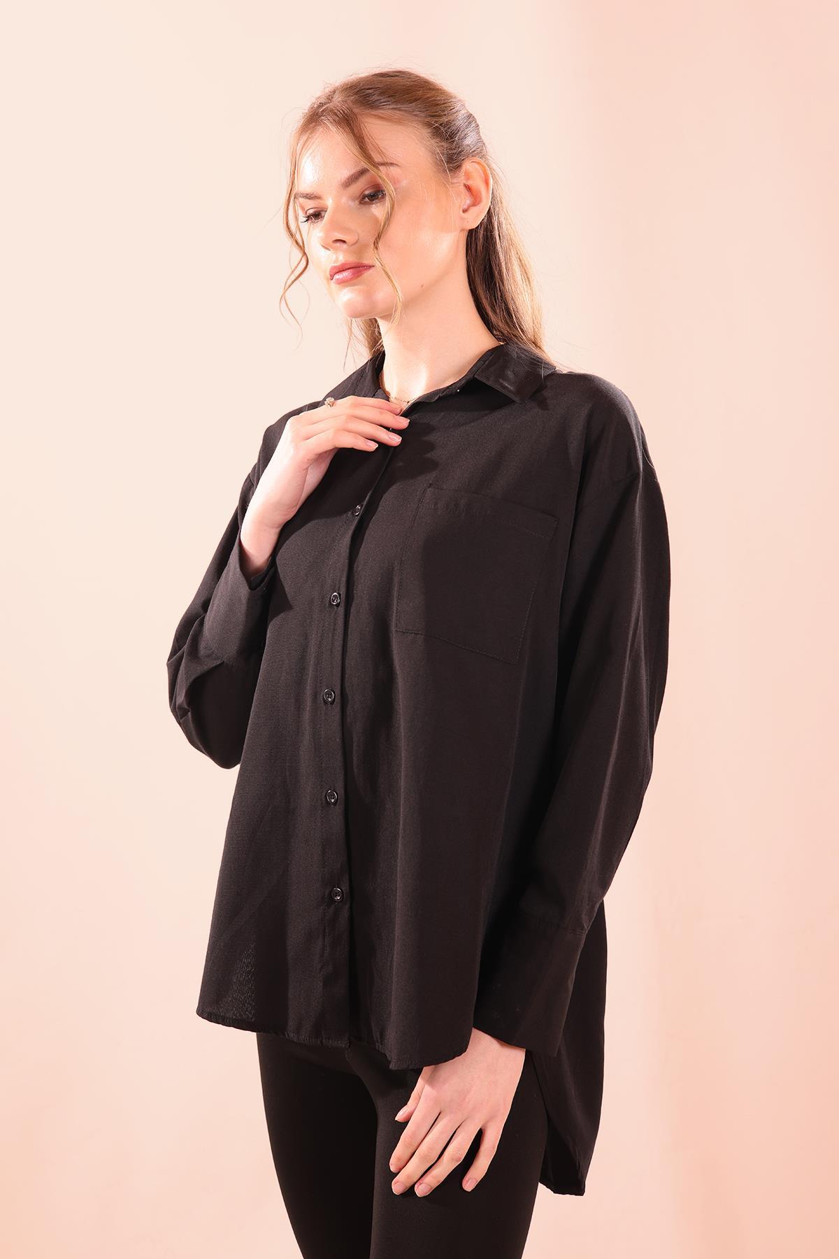 Sırt Düğmeli Tek Cepli Bayan Gömlek - 6500A Siyah - 3