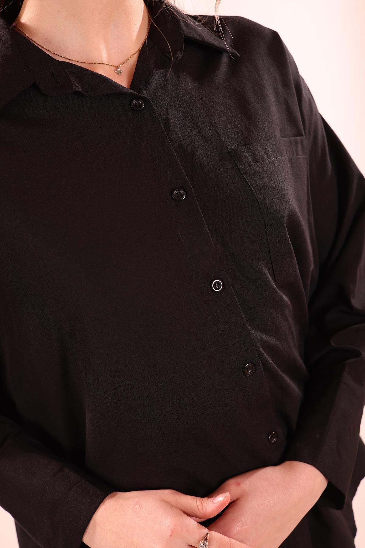 Sırt Düğmeli Tek Cepli Bayan Gömlek - 6500A Siyah - 5
