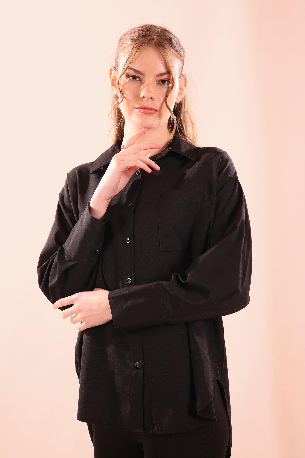 Sırt Düğmeli Tek Cepli Bayan Gömlek - 6500A Siyah - 1