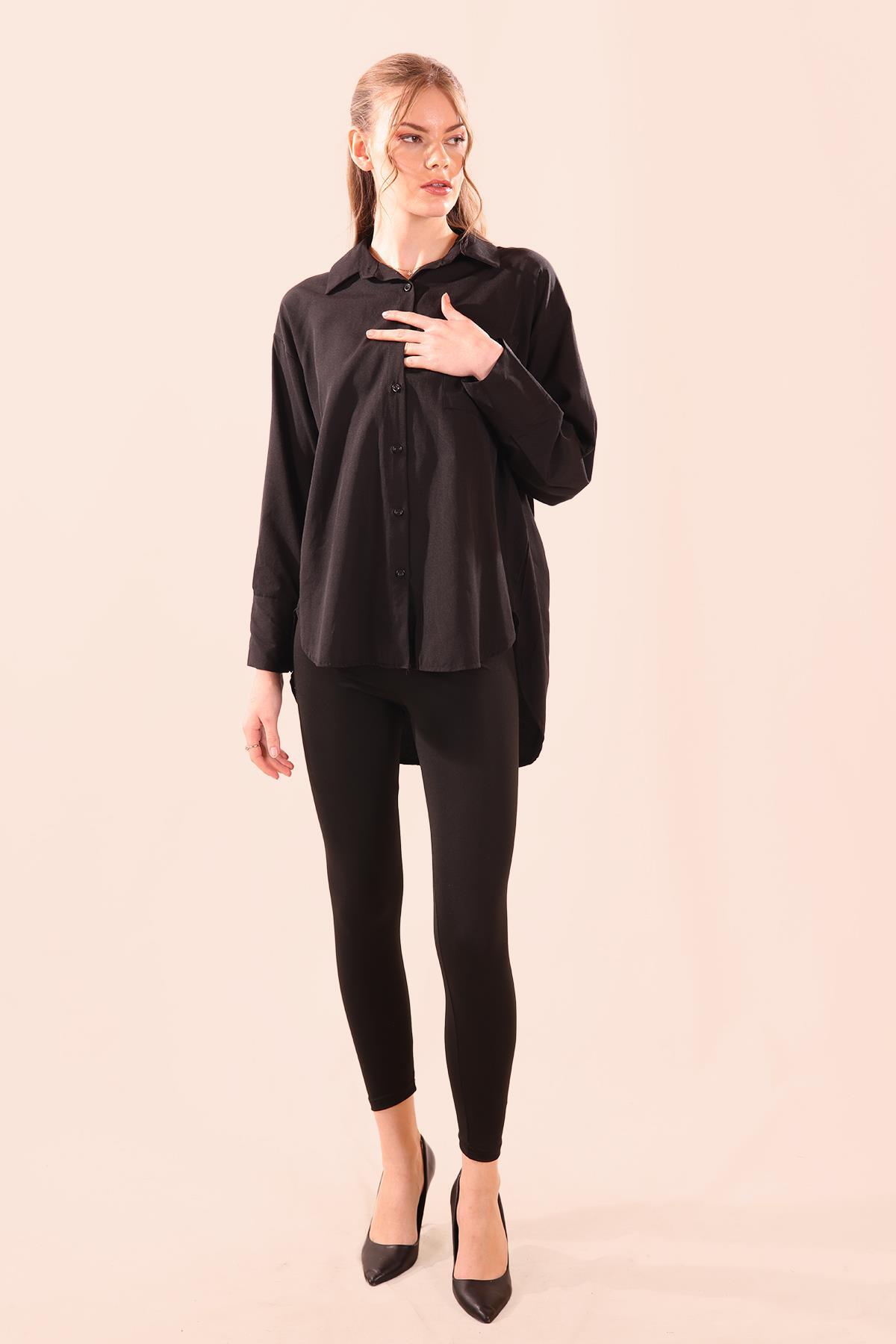 Sırt Düğmeli Tek Cepli Bayan Gömlek - 6500A Siyah - 2