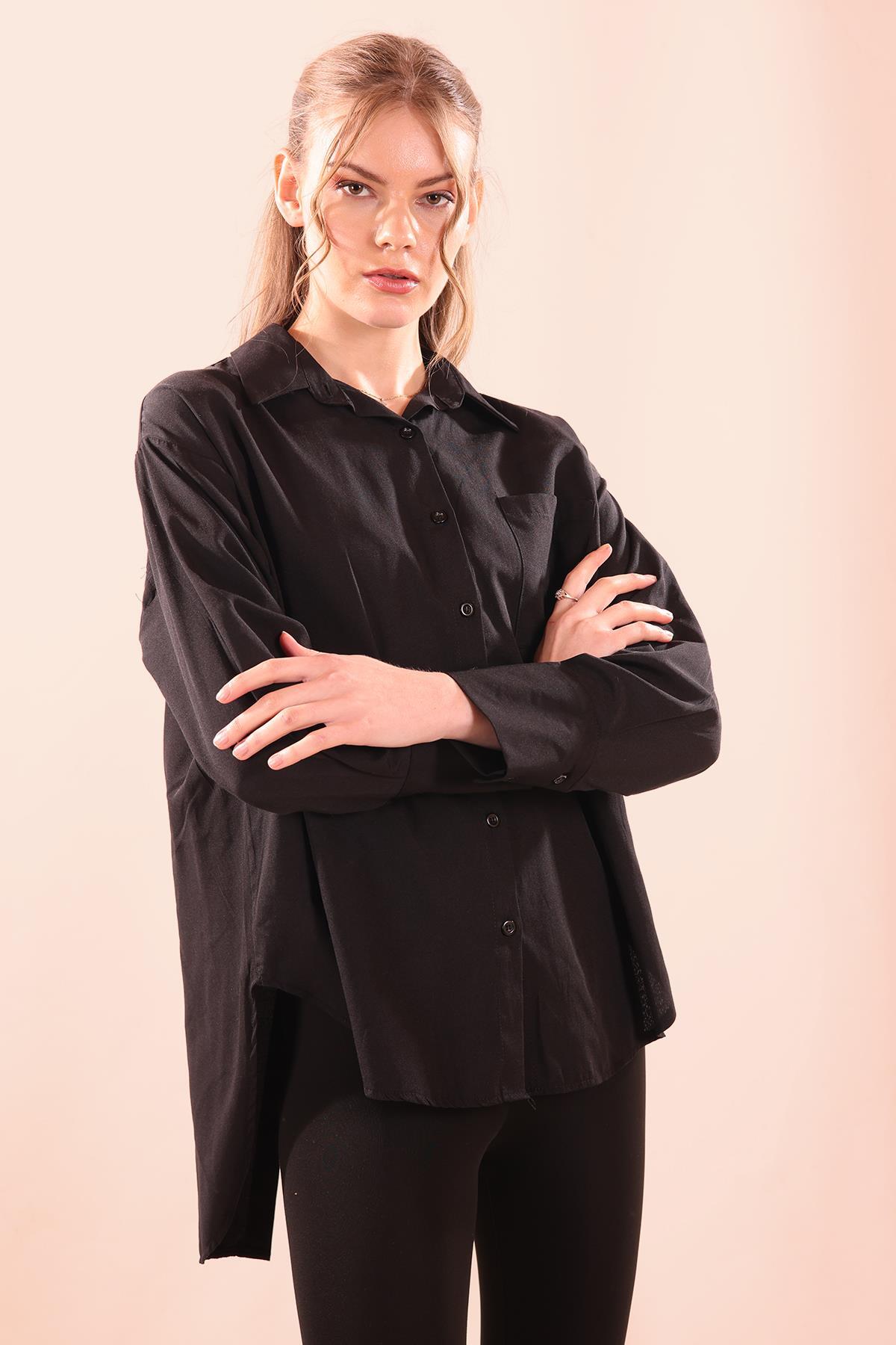Sırt Düğmeli Tek Cepli Bayan Gömlek - 6500A Siyah - 4