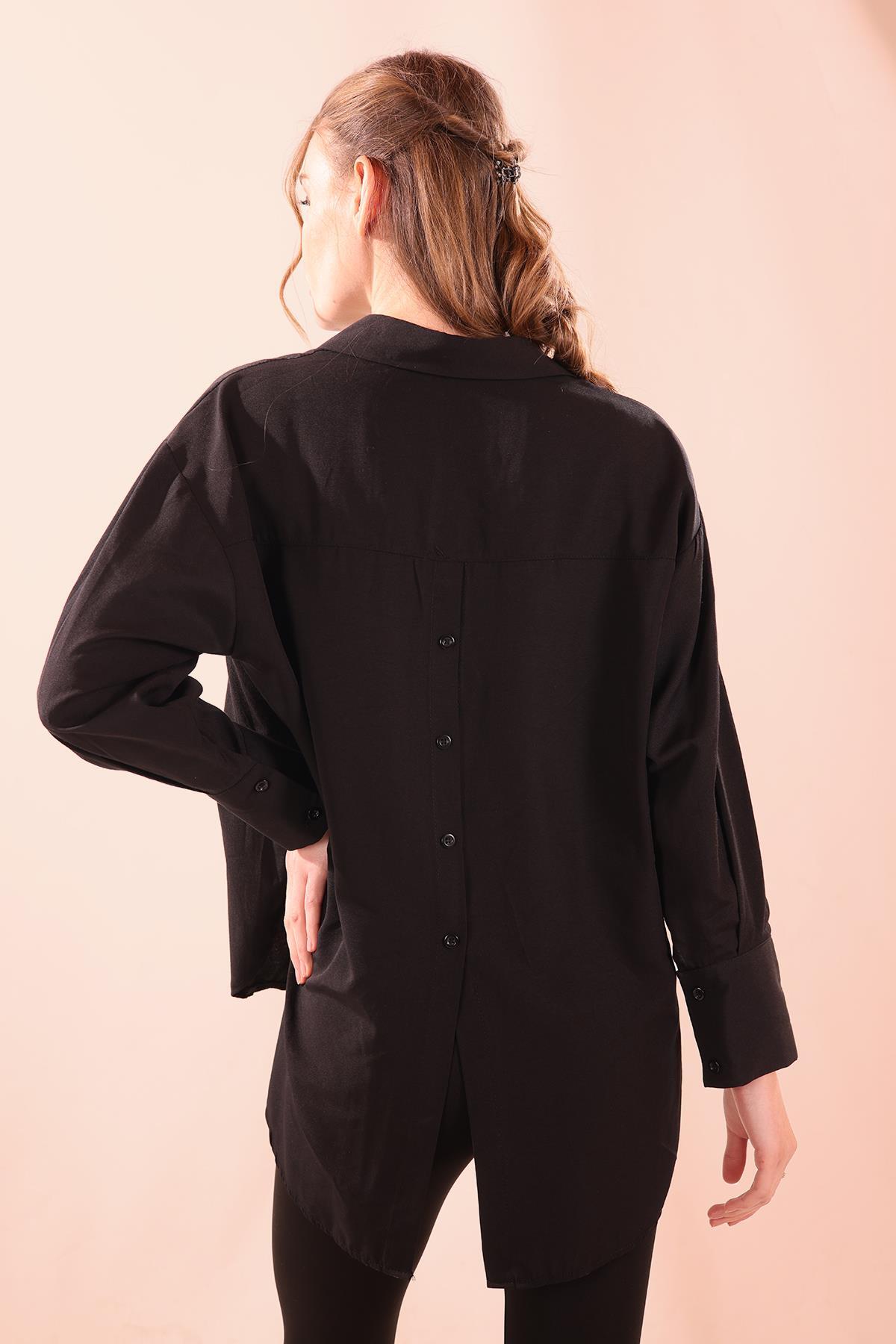 Sırt Düğmeli Tek Cepli Bayan Gömlek - 6500A Siyah - 6