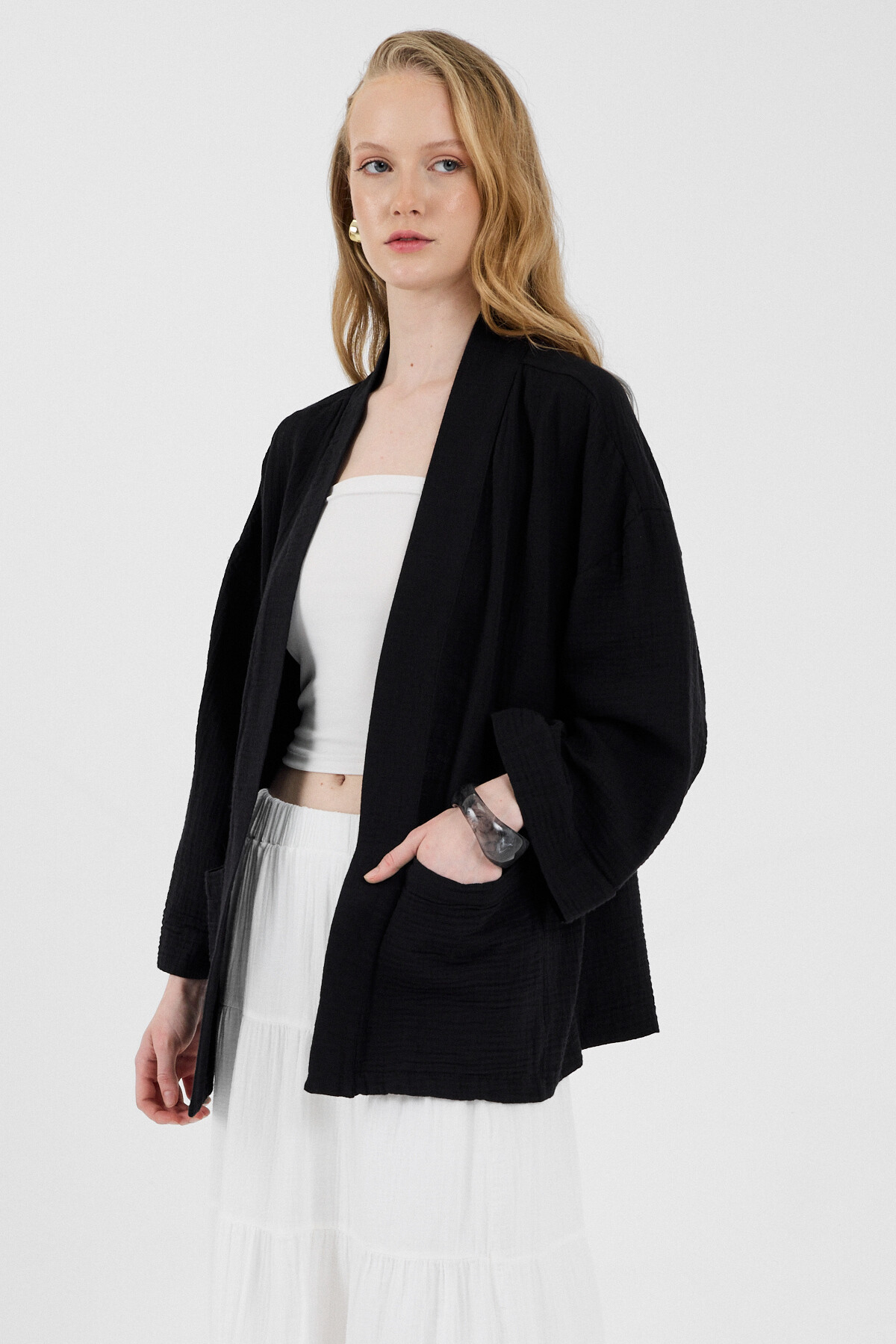 Siyah %100 Pamuk Cepli Müslin Kimono 8065A - RAYS