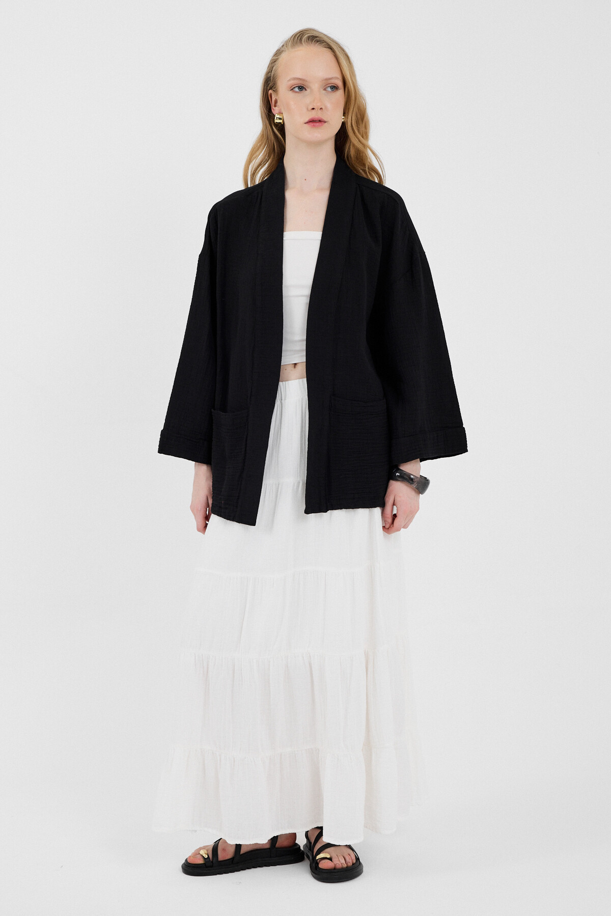 Siyah %100 Pamuk Cepli Müslin Kimono 8065A - RAYS