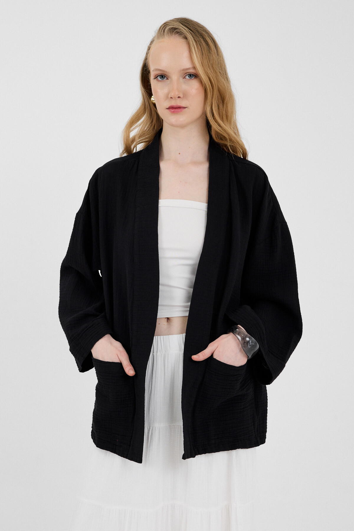 Siyah %100 Pamuk Cepli Müslin Kimono 8065A - 6