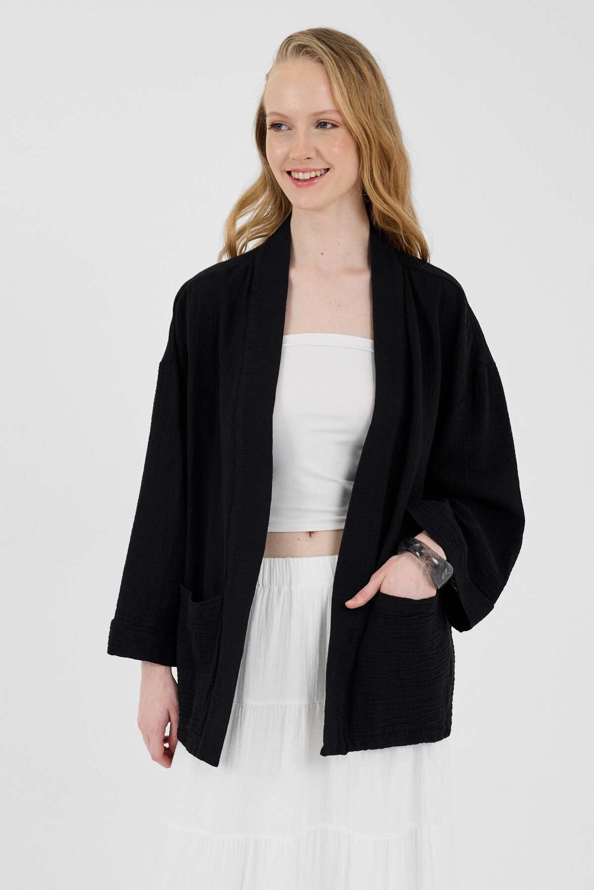 Siyah %100 Pamuk Cepli Müslin Kimono 8065A - 1