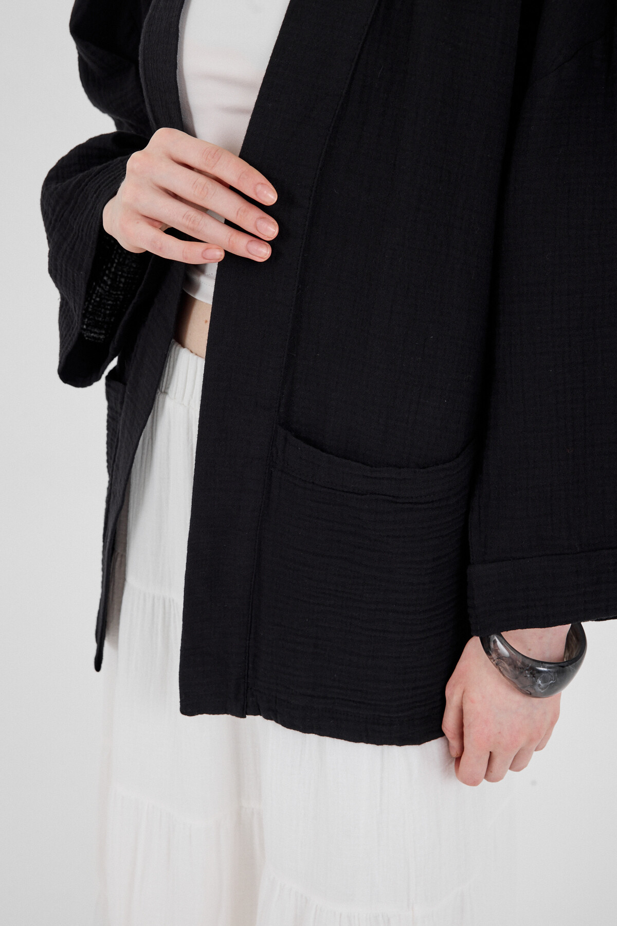 Siyah %100 Pamuk Cepli Müslin Kimono 8065A - 4