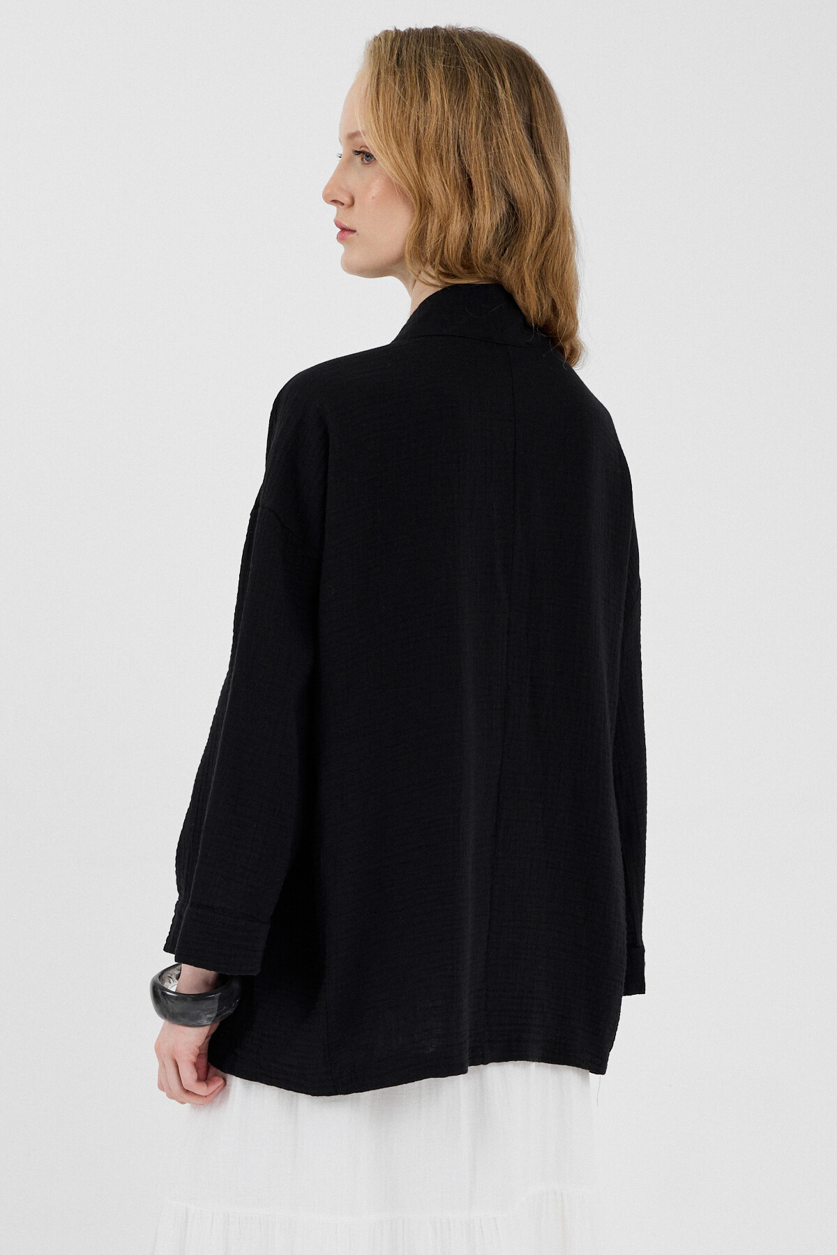 Siyah %100 Pamuk Cepli Müslin Kimono 8065A - 5