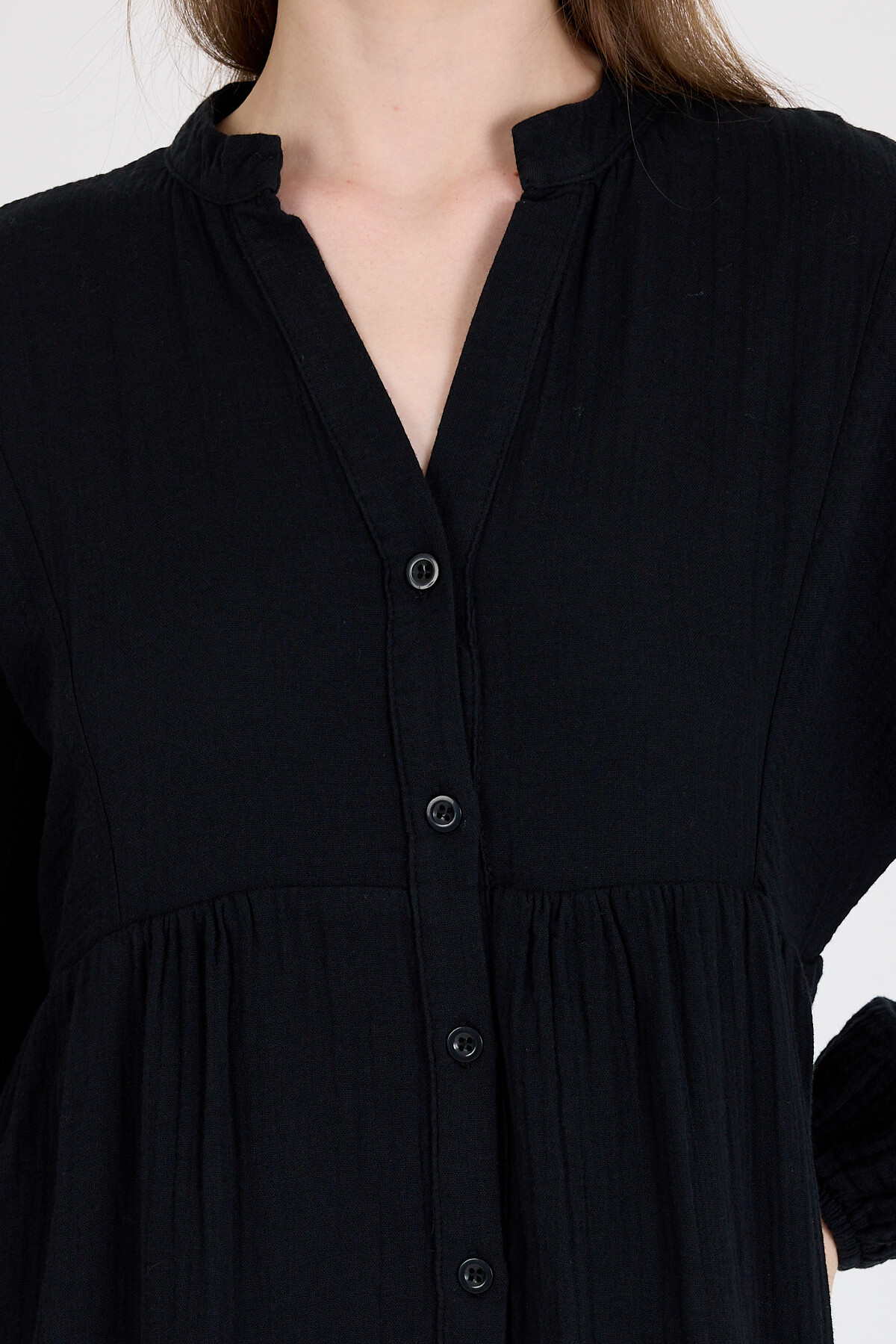 Siyah %100 Pamuk Düğmeli Kat Etekli Uzun Kollu Elbise 4782A - RAYS