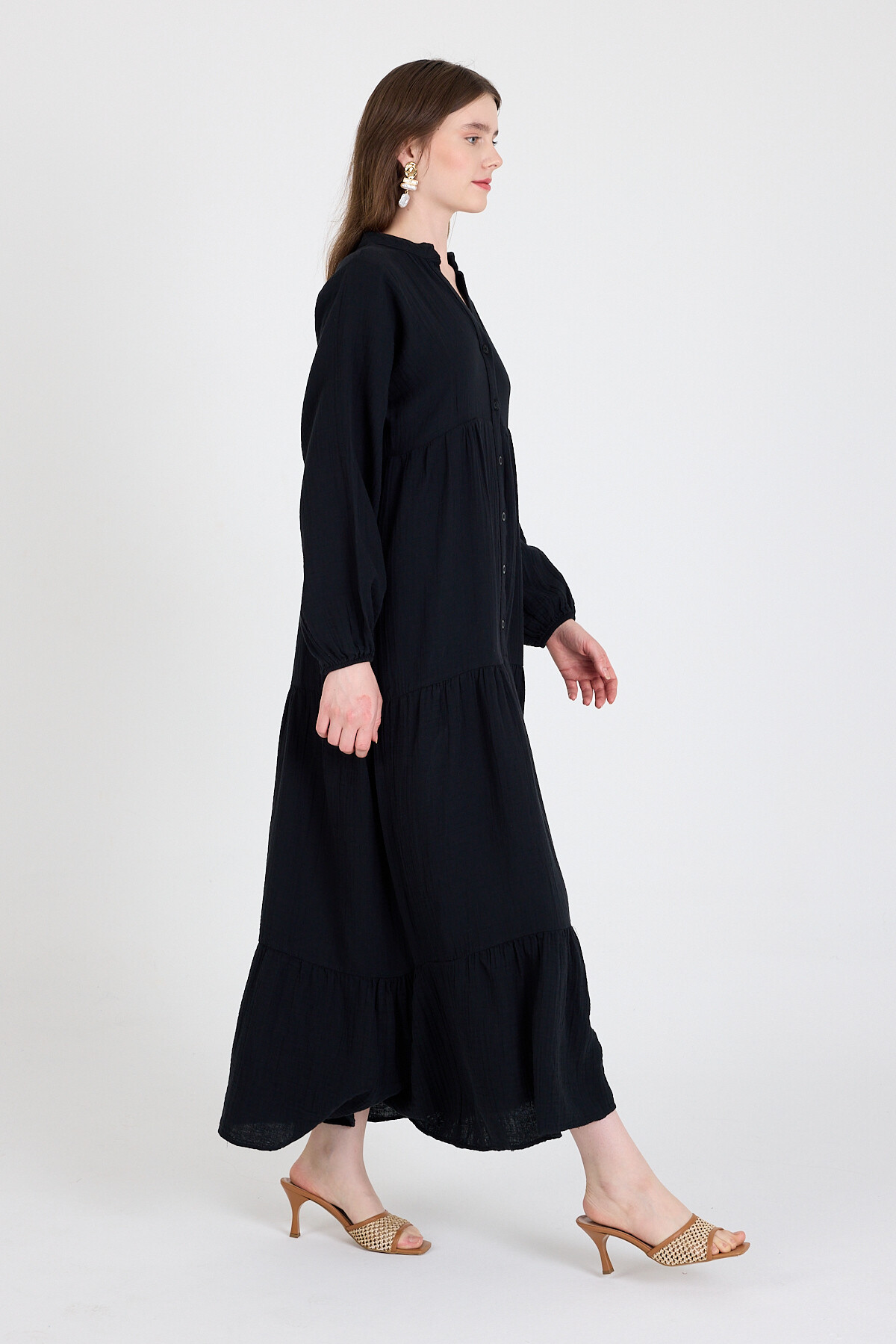 Siyah %100 Pamuk Düğmeli Kat Etekli Uzun Kollu Elbise 4782A - 2