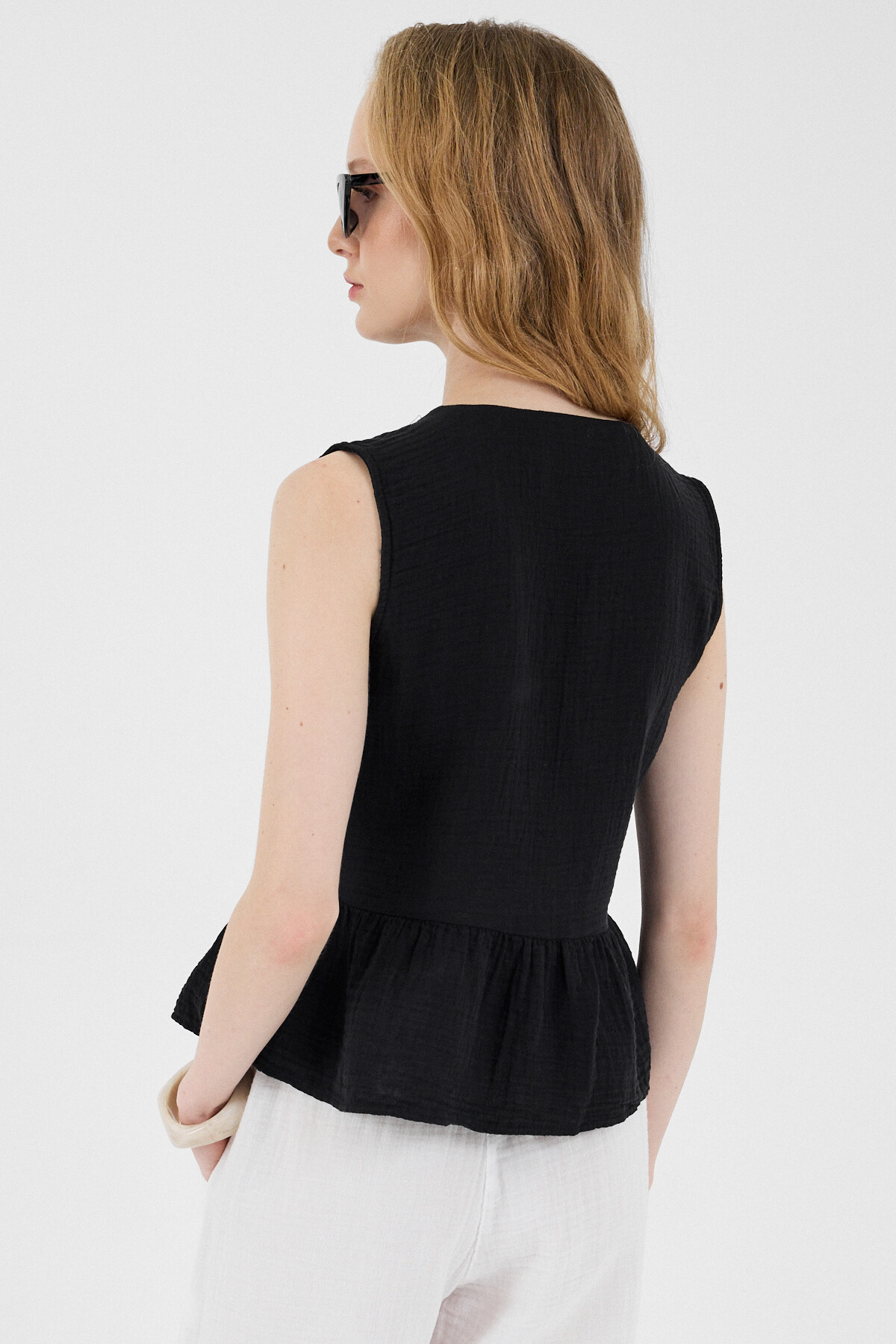 Siyah %100 Pamuk Müslin Fırfır ve Bağlama Detaylı Bluz 4827A - 5