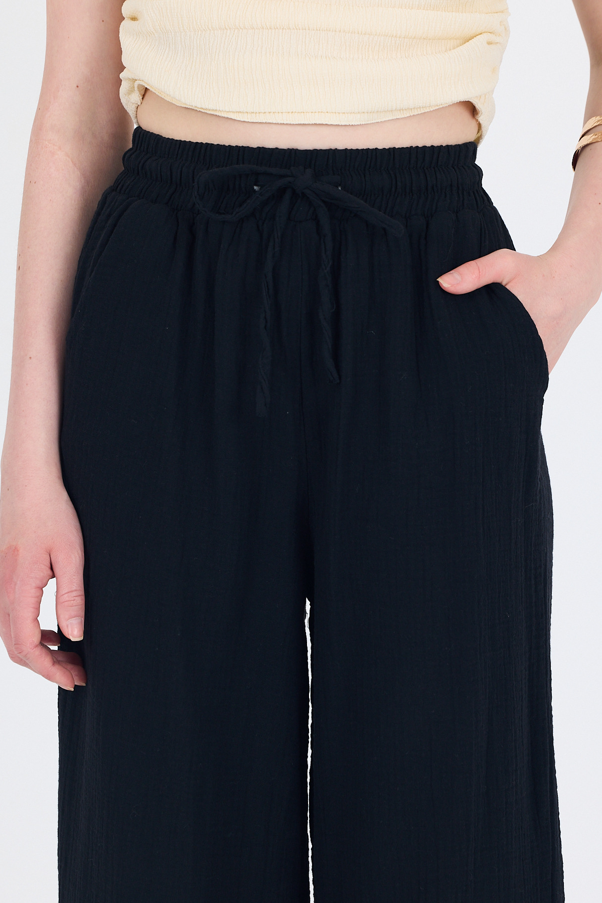 Siyah %100 Pamuk Müslin Palazzo/Bol Paça Pantolon 8056A - RAYS