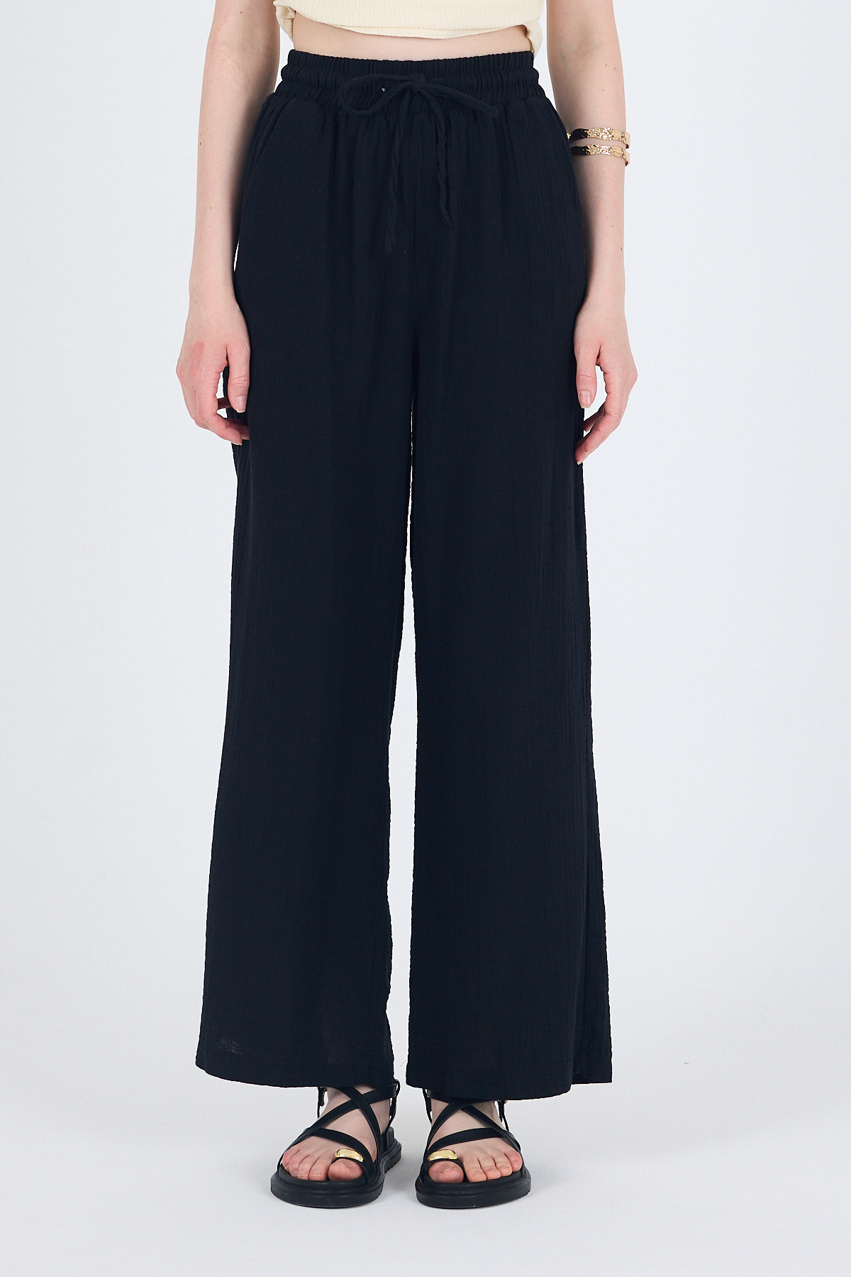 Siyah %100 Pamuk Müslin Palazzo/Bol Paça Pantolon 8056A - 5