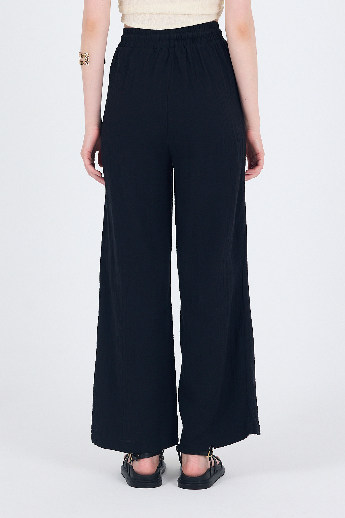 Siyah %100 Pamuk Müslin Palazzo/Bol Paça Pantolon 8056A - 6