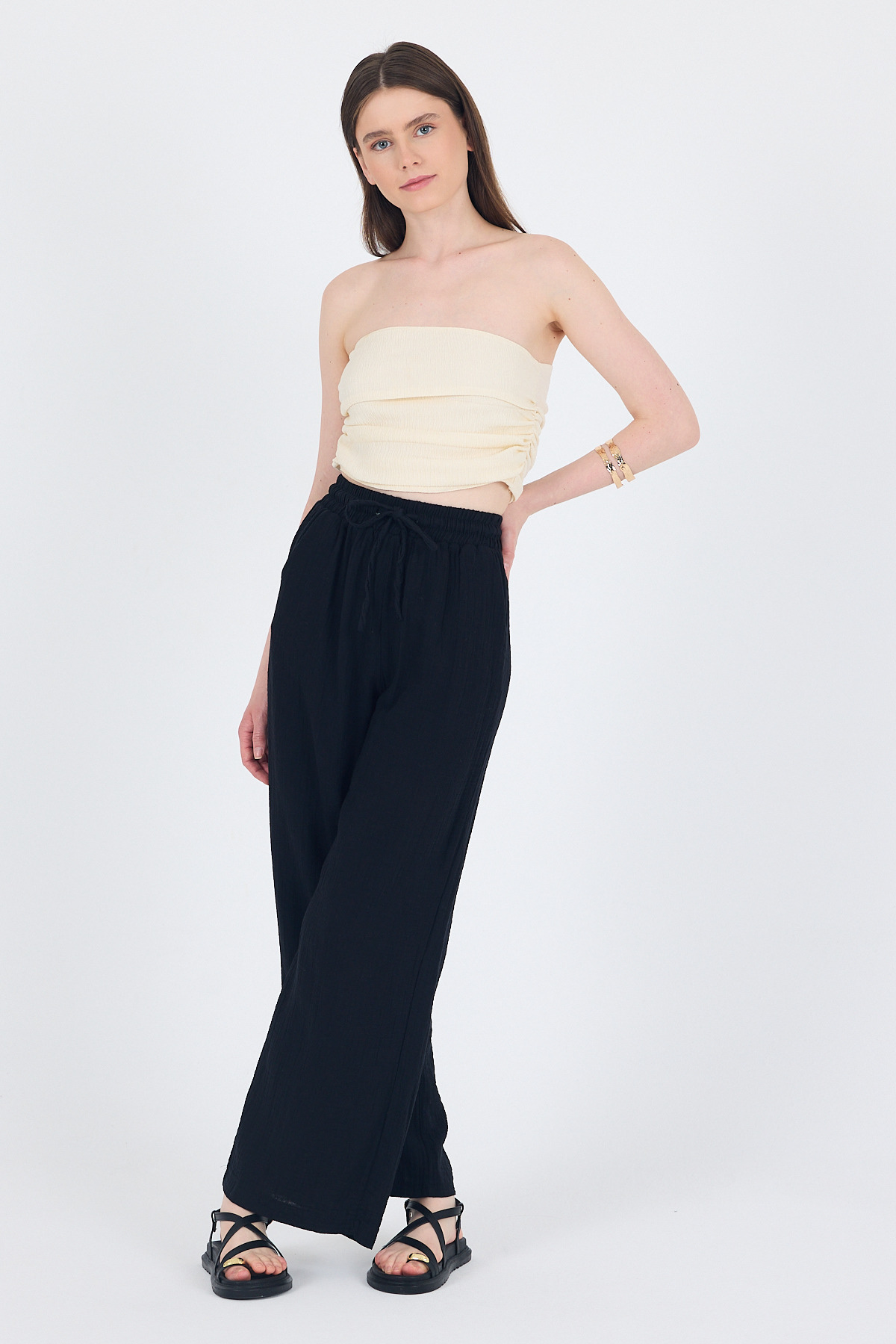 Siyah %100 Pamuk Müslin Palazzo/Bol Paça Pantolon 8056A - 7