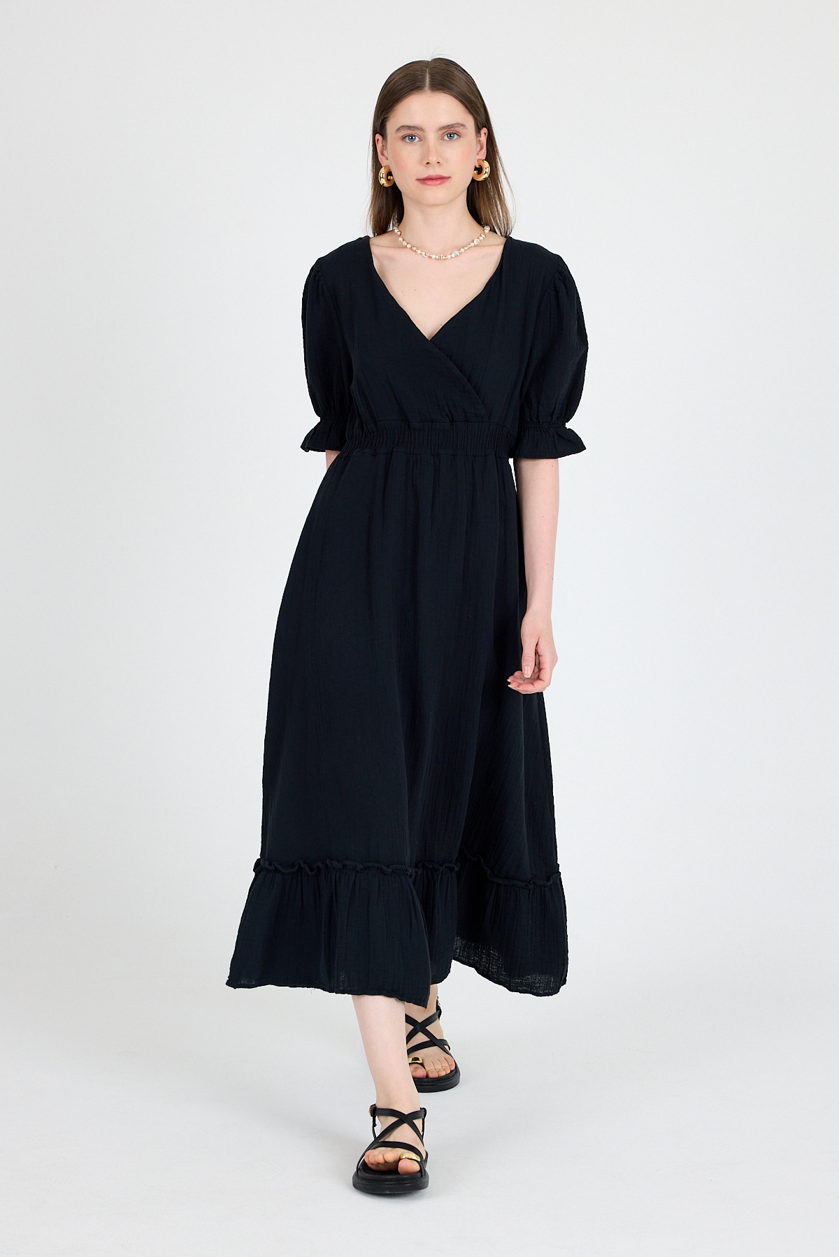 Siyah %100 Pamuk Müslin V Yaka Bel Lastikli Midi Elbise 4780A - RAYS