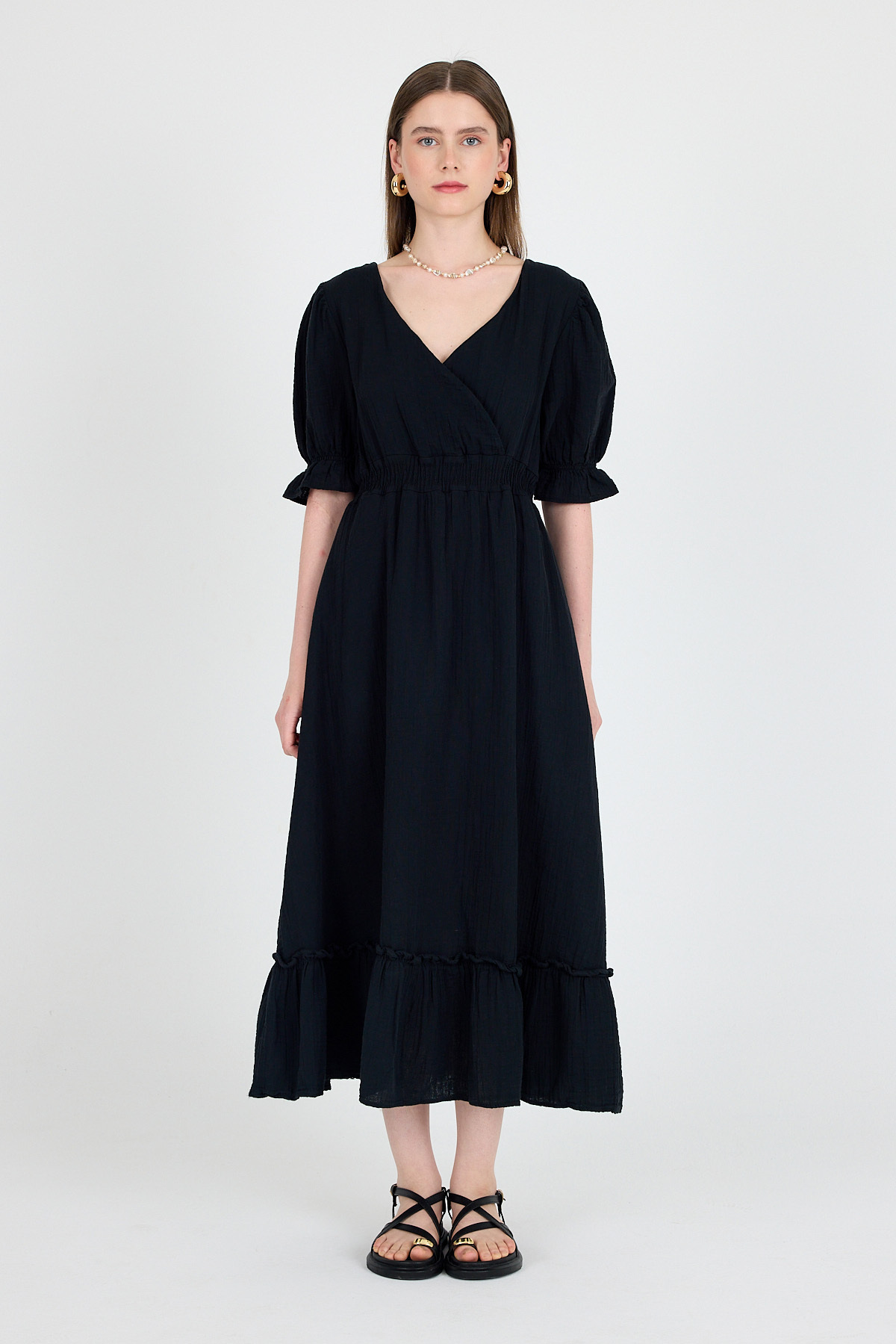 Siyah %100 Pamuk Müslin V Yaka Bel Lastikli Midi Elbise 4780A - RAYS