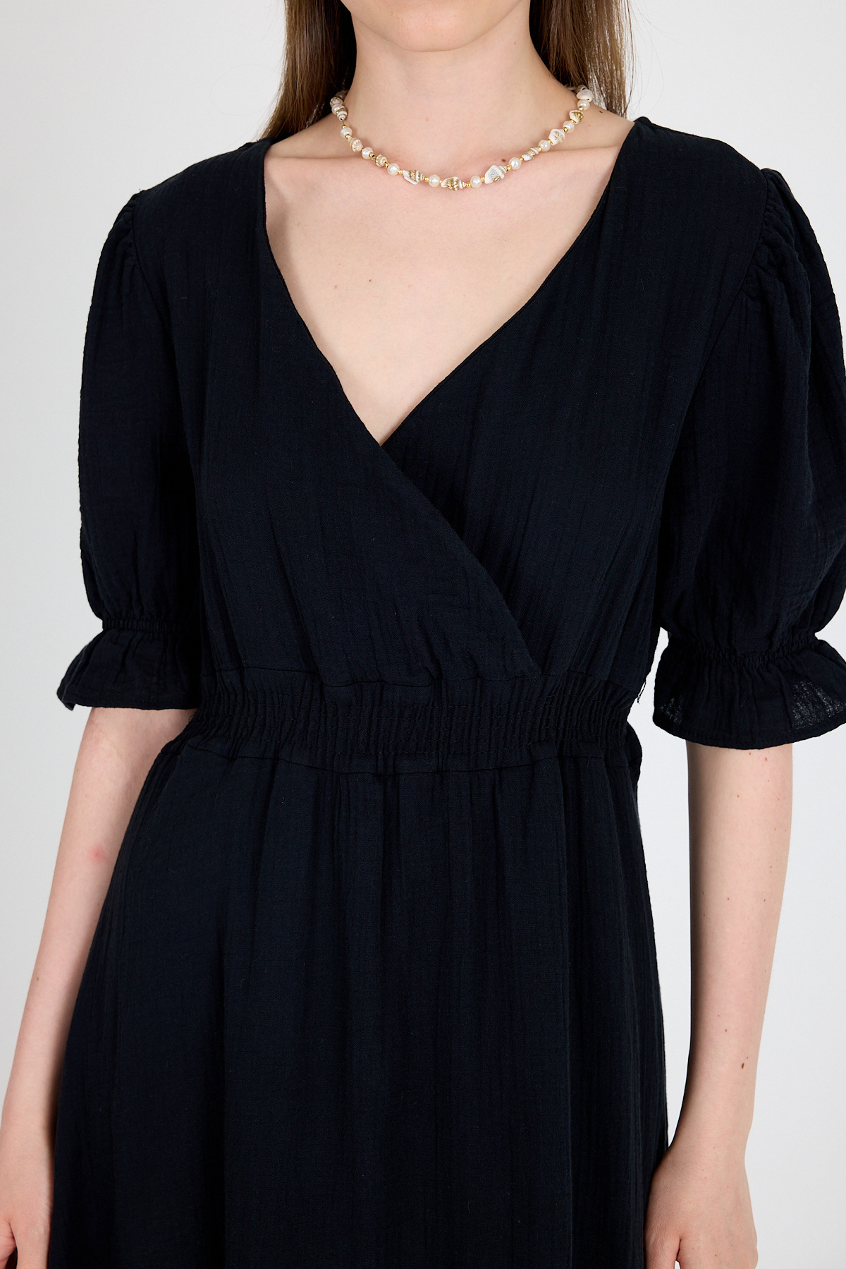 Siyah %100 Pamuk Müslin V Yaka Bel Lastikli Midi Elbise 4780A - RAYS