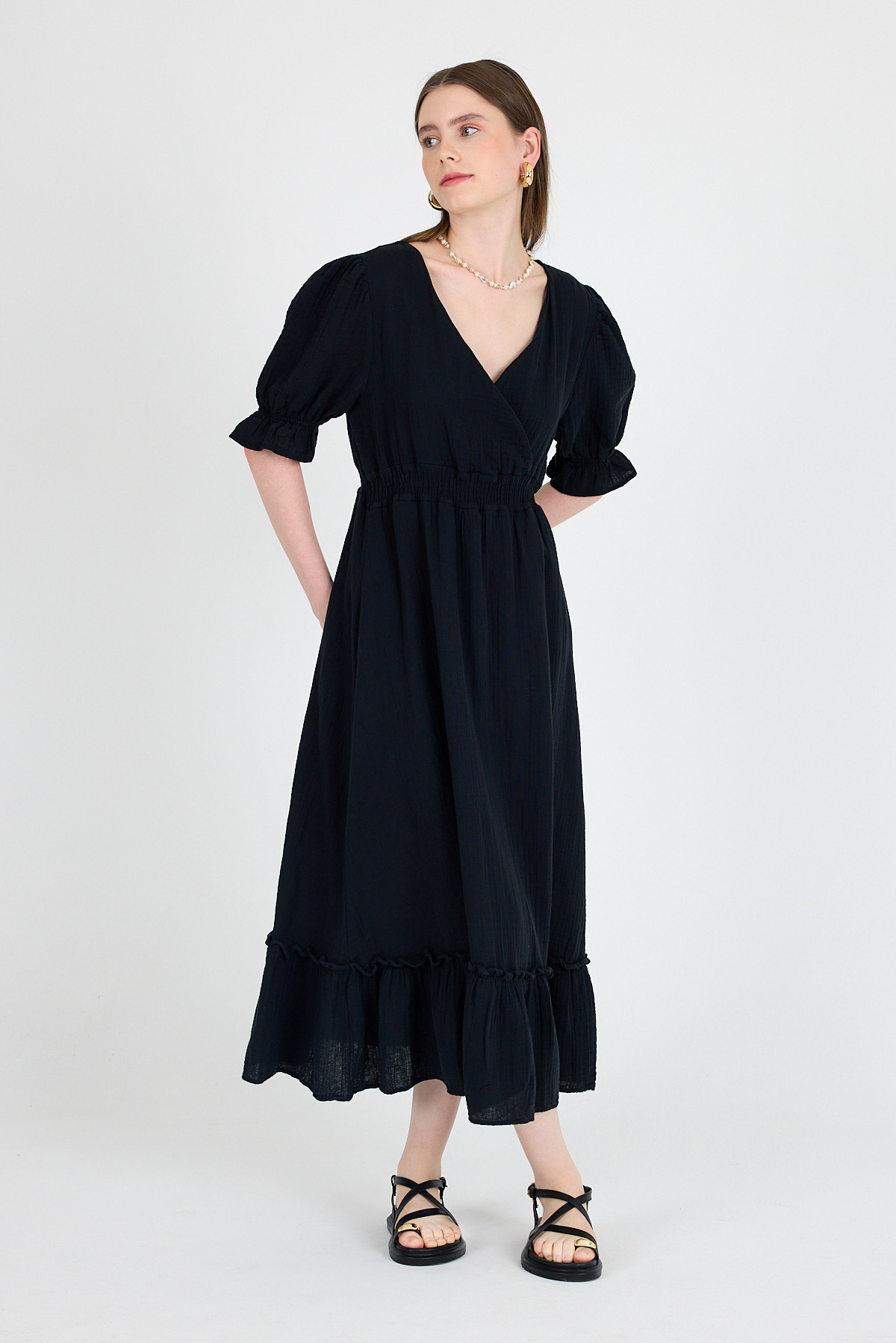 Siyah %100 Pamuk Müslin V Yaka Bel Lastikli Midi Elbise 4780A 